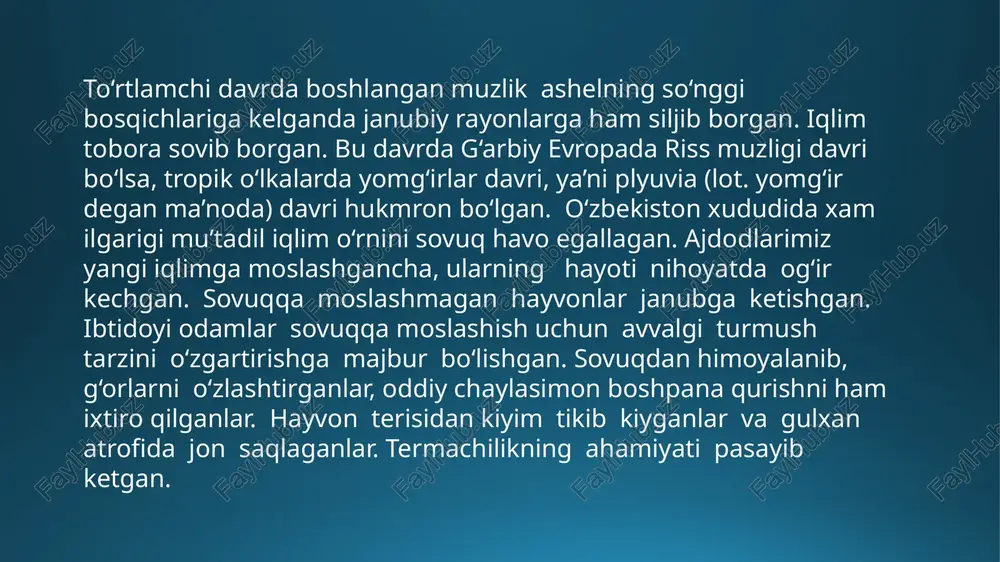 rgandaryoning zavtalashgan darasida, dengiz sathidan 1500 m balandlikda joylashgan. g‘or shimoliy-sharqqa qaragan bo‘lib, kengligi old qismida 20 m, chuqurligi 21 m, balandligi 9 m. bo‘lgan. g‘or 1938–1939 yillarda a.p.okladnikov tomonidan tekshirilgan va tadqiqotlari natijasini 1939–1949 yillarda nashr qildirgan. olib borilgan tadqiqotlar natijasida g‘orda 5 ta madaniy qatlam aniqlangan. ulardan toshdan yasalgan mehnat qurollaridan 339 tasi, 2520 ta singan, uchrindi tosh qurollar, 101 ta turli shakldagi nukleuslar topilgan. shu jumladan, o‘tkir uchli paykonlar, tosh pichoqlar, paraqalar, sixcha, qirg‘ich, kurakcha, chopper, chopqi va hakozolar. teshiktoshdan topilgan mehnat qurollarning aksariyati qirquvchi va tarashlovchi vazifalarni bajargan. bu erdan yana faqat neandertal odamiga xos rapidasimon nukleuslardan (o‘zaklar) bir necha nusxa topilgan. ularning diametri 10–15smni tashkil etgan. bu kabi o‘zaklardan neandertallar tosh bolg‘alar yordamida uchburchaksimon uchrindilar uchirib olganlar. uchrindilar o‘tkir uchli bo‘lganligi sababli ulardan terilarga ishlov berish, yog‘ochlarni kesish, randalash kabi ishlarda foydalanganlar. bunday mehnat qurollar eng ko‘p teshiktoshdan topilgan. g‘ordan gulxan izlari, uning atrofida tog‘ …
