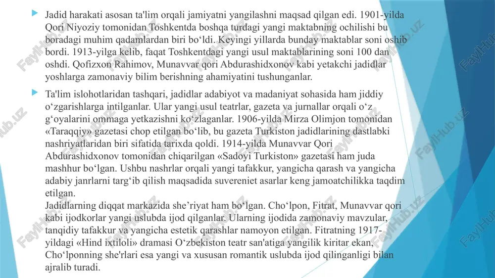 abiyotlar va qo‘llanmalar yaratildi. bu qo‘llanmalarda maktablarning maqsad va vazifalari, o‘qitish usullari va dasturiy materiallar joy oldi. masalan, mahmudxo‘ja behbudiy tomonidan yozilgan va 1912 yilda nashr qilingan "risolai muhtasar" asari o‘sha davr yangi ta’lim metodikasining muhim qo‘llanmalaridan biri hisoblandi. jadid maktablari va adabiy tarbiya tizimining muhim jihati shuki, ular shug‘ullanayotgan o‘quvchilar orasida tanqidiy tafakkur va mustaqil fikrlash ko‘nikmalarini rivojlantirishga urg‘u berildi. o‘quvchilarni ilmiy yo‘nalishdagi savodxon, ma’rifatli va madaniyatli kishilar sifatida shakllantirish eng asosiy maqsad bo‘lib, shu orqali ijtimoiy va madaniy yuksalishga erishish rejalashtirilgan edi. 1917 yilga kelib, jadid maktablarida ta’lim olayotgan o‘quvchilar soni yildan-yilga ortib bordi. biroq, oktabr inqilobidan keyin, sovet hukumatining ta’siri ostida, jadid maktablari asta-sekinlik bilan yopildi va o‘rniga yangi sovet maktablari tashkil etildi. jadid maktablari va adabiy tarbiya tizimi o‘sha davrning bir necha yildan keyingi madaniy va pedagogik yuksalishning asoslarini tashkil etdi. ushbu maktablar tarbiyalagan yosh avlod keyinchalik milliy davlatchilikning qayta tiklanishi jarayonida muhim rol o‘ynadi va …