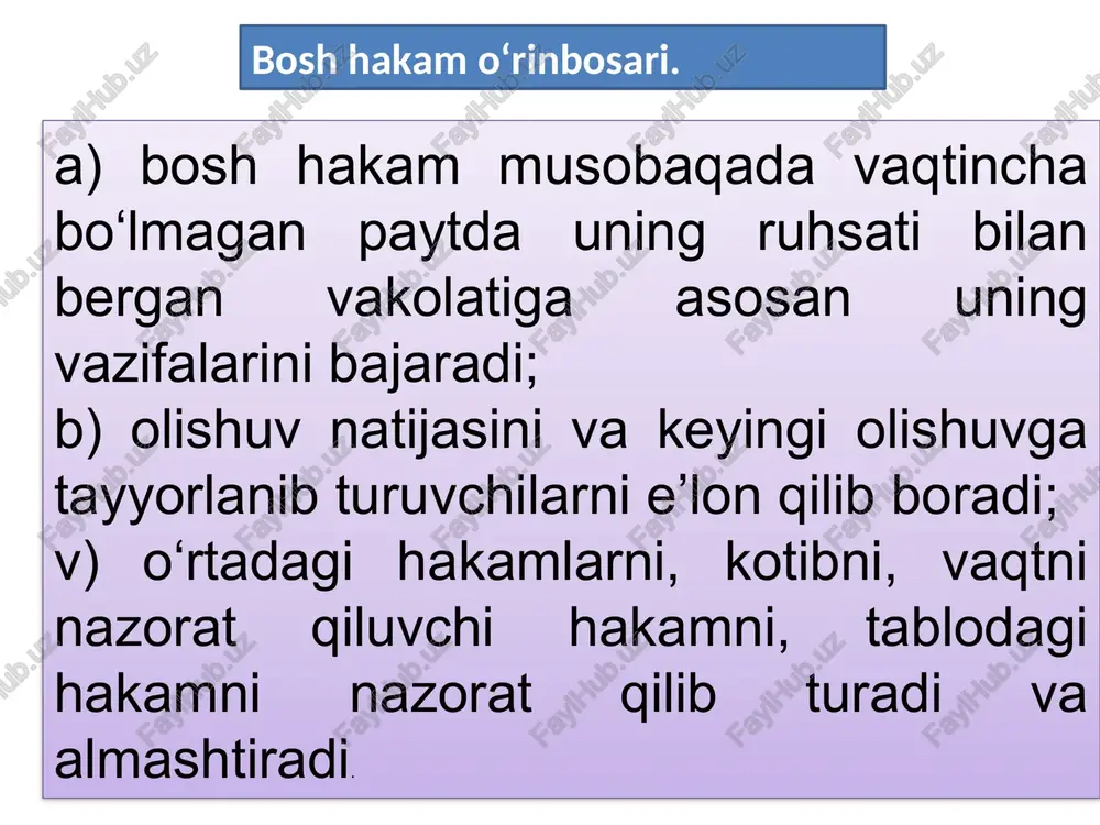 ’lonlar faqat bosh hakam yoki uning o‘rinbosarlari ruhsati bilan beriladi. hakamlar formasi (kiyimi). hakamlar formasi – qora kostyum va shim, qora paypoqlar, oq ko‘ylak va qora galstuk. “tanishing” – kurashchilar gilamga chiqib kelganlaridan keyin o‘rtadagi hakam chap yoki o‘ng qo‘lini kurashchi tomoniga qaratib “tanishing” degan iborani baland ovozda aytadi. e’lon qiluvchi hakam esa kurashchilarni tanishtiradi. (bu ishora olishuvda g‘alaba qilgan kurashchiga nisbatan ham ishlatiladi). “ta’zim” – kurashchilar o‘ng qo‘llarini chap ko‘ksiga tutgan holda bir-birlariga bo‘yin va gavdani egib salomlashish uchun ishlatiladigan ibora. bu iborani ishlatganda hakam ikkala qo‘lini kaftlari bilan oldinga qaratgan holda balanddan bukib, qo‘llarini ichkariga aylantirish ishorasini qiladi, bu vaqtda ikkala qo‘lning barmoqlari bir-biriga uchma-uch holga kelishi kerak. “o‘rtaga” – bu so‘z ikkala kurashchini bir-birlariga yaqinlashib, halol, mardona olishishlariga undovchi so‘z. hakam qo‘llarini ikki tomonga yoygan holatda va shu holatni to‘xtatmasdan o‘rtaga ishorasini ko‘rsatadi, ya’ni qo‘l kaftlarini bir-biriga qaratib, yelka kengligiga olib keladi. “kurash” – kurashchilar bir-birovlariga ta’zim …