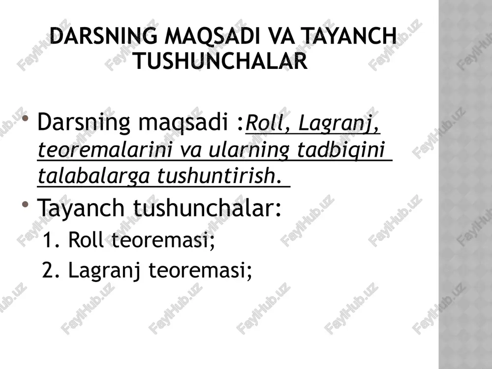 =b0+b1(x-x0)+b2(x-x0)2+ ... +bn(x-x0)n, (3) ko‘rinishda izlaymiz. noma’lum bo‘lgan b0, b1, b2, ..., bn koeffitsientlarni topishda pn(x0)=f(x0), pn’(x0)=f’(x0), pn’’(x0)=f’’(x0), ..., pn(n)(x0)=f(n)(x0) (4) shartlardan foydalanamiz. avval pn(x) ko‘phadning hosilalarini topamiz: pn’(x)=b1+2b2(x-x0)+3b3(x-x0)2+ ... +nbn(x-x0)n-1, pn’’(x)=21b2+32b3(x-x0)+ ... +n(n-1)bn(x-x0)n-2, pn’’’(x)=321b3+ ... +n(n-1)(n-2)bn(x-x0)n-3, . . . . . . . . . . . . . . . . . . . . . . . . . . . . . . . . . . , pn(n)(x)=n(n-1)(n-2)...21bn. yuqorida olingan tengliklar va (3) tenglikning har ikkala tomoniga x o‘rniga x0 ni qo‘yib barcha b0, b1, b2, ..., bn koeffitsientlar qiymatlarini topamiz: pn(x0)=f(x0)=b0, pn’(x0)=f’(x0)=b1, pn’’(x0)=f’’(x0)=21b2=2!b2, . . . . . . . . . . . . . . . . . . . . . . . . . pn(n)(x0)=f(n)(x0)=n(n-1)...21bn=n!bn teylor formulasining lagranj ko‘rinishdagi qoldiq hadi. teorema: agar funktsiya nuqtaning atrofida tartibgacha hosilalarga ega bo’lsa, u holda bu atrofning har qanday nuqtasi uchun qoldiq had …