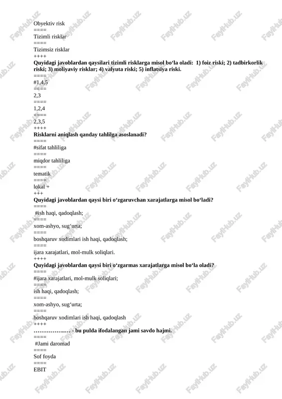 ona kredit layoqatlik koʻrsatkichlari boʻyicha qaysi sinfga mansub? ==== #1 ==== 2 ==== 3 ==== 4 +++ + quyidagilardan qaysilari kreditga layoqatlilikni ifodalovchi asosiy ko‘rsatkichlari hisoblanadi: 1) qoplash koeffitsiyenti; 2) o‘z aylanma mablag‘lari mavjudligi; 3) foyda va rentabellik koeffitsiyentlari; 4) likvidlik koeffitsiyenti; 5) muxtoriylik koeffitsiyenti. ==== #1,4,5 ==== 1,2,3 ==== 2,4,5 ==== 1,3,4,5 ++++ absolut likvid mablag‘lar tarkibiga balansning qaysi qismlari kiritiladi? ==== #aktiv qismining ikkinchi bo‘limi; ==== aktiv qismining birinchi bo‘limi; ==== aktiv qismining birinchi va ikkinchi bo‘limlari; ==== passiv qismining birinchi bo‘limi; ++++ likvidlik koeffitsiyenti nechchi va undan yuqori bo‘lsa, korxona yuqori kreditga layoqatlilik darajasiga erishgan bo‘ladi? ==== #1,5 ==== 0,5 ==== 0,9 ==== 1,1 + +++ mustaqillik (muxtoriylik) koeffitsiyenti necha foizdan kam bo‘lsa, kredit xatari eng ko‘p hisoblanadi? ==== #30% ==== 40% ==== 60% ==== 10% ++++ quyidagi javoblardan qaysi birida mustaqillik (muxtoriylik koeffitsiyenti formulasi to‘g‘ri keltirilgan? ==== #xususiy kapital / balans passivi jami ==== debitorlik qarzlari …