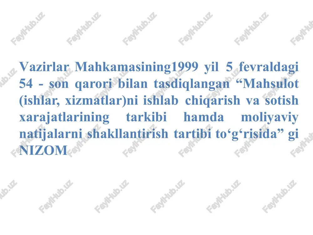 o‘rsatadi. 2010- "asosiy ishlab chiqarish" asosiy ishlab chiqarish xarajatlari hisobi yanvar oyida tugallanmagan ishlab chiqarishga 160 ming so‘m summadagi bevosita xarajatlar kiritiladi (2 000 000 x 40 000 t/km / 500 000 t/km). 16 umumishlab chiqarish xarajatlari hisobi asosiy, yordamchi va xizmat ko‘rsatuvchi ishlab chiqarishning sexlari va boshqa ishlab chiqarish bo‘limlarini saqlash, tashkil etish va boshqarish xarajatlari umumishlab chiqarish (umumsex) xarajatlari tarkibiga kiritiladi. bu xarajatlarning hisobi 2510-"umumishlab chiqarish xarajatlari" hisobvarag‘ida yuritiladi. ushbu hisobvaraq yig‘ib taqsimlovchi hisob-lanib, hisobot davrining oxiriga qoldiqqa ega bo‘lmaydi. 17 2. asosiy vositalar haqida tushuncha, ularni turkumlash va baholash tartibi ushbu hisobvaraqda quyidagi xarajatlar aks ettiriladi: - mashina va uskunalarni saqlash va foydalanish bo‘yicha; - ishlab chiqarishda foydalaniladigan asosiy vositalar va boshqa mulkning amortizatsiya ajratmalari va ta’mirlash xarajatlari; - ishlab chiqarish maqsadida foydalaniladigan mulkning sug‘urtasi bo‘yicha; - ishlab chiqarish binolarini isitish, yoritish va saqlash xarajatlari; -ishlab chiqarish binolari, shuningdek ishlab chiqarishda foydalaniladigan mashina, uskuna va boshqa mulklar …