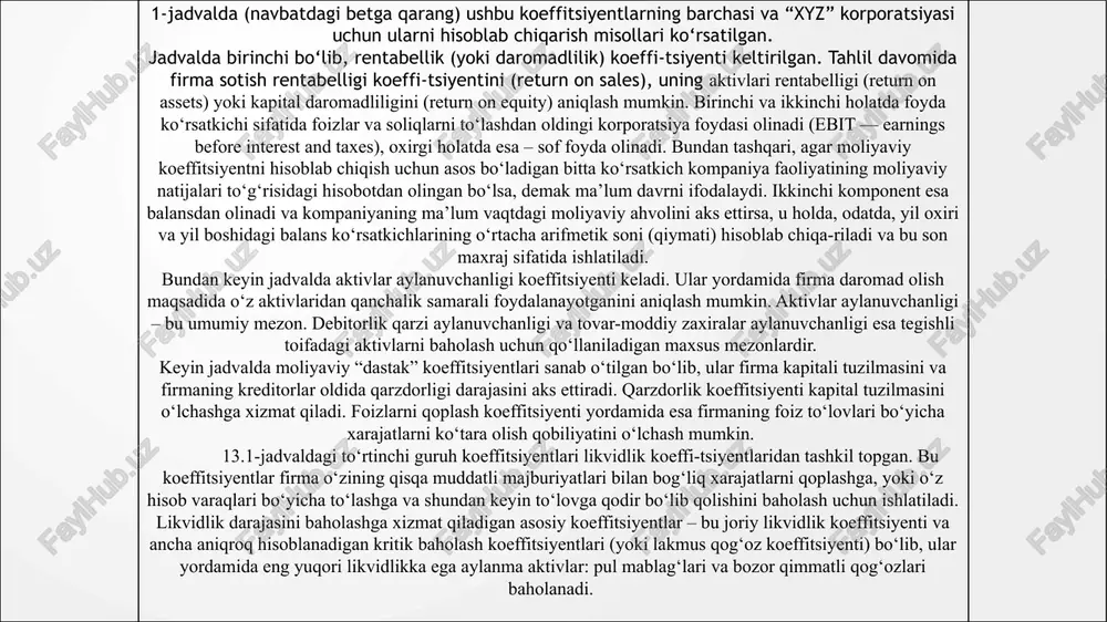 asalan, aktivlar bahosi yoki foiz stavkalari. hozirgi paytda turli (jumladan, sanoat) sohalar(i) bo‘yicha moliyaviy koeffitsiyentlar to‘g‘risidagi ma’lumotlarni olish mumkin bo‘lgan ko‘plab manbalar mavjud. dan & bradstreet, (2) robert morris byurosining yillik hisobotlar bo‘yicha tadqiqotlari (annual statement studies by robert morris associates), (3) savdo palatasining har chorakdagi moliyaviy hisobotlari (the commerce department's quarterly financial report) va (4) turli tijorat assotsiatsiyalari ana shular jumlasidandir. bundan tashqari, bu ma’lumotlar endilikda kompakt-disklarda va internet orqali tarqatilmoqda. 3. moliyaviy “dastak” samarasi moliyaviy “dastak” yoki moliyaviy leverij kompaniya faoliyatida qarz olingan pul mablag‘laridan foydalanish bo‘lib, shu mablag‘lar yordamida kompaniya rahbariyati ishlab chiqarish faoliyatini moliyalashtirish bilan bog‘liq muammolarni hal etadi. atamani (“dastak”) tanlash fizika qonun-lari, ya’ni biron dastak yordamida sarflanayotgan kuchni ko‘paytirish mumkinligi qonuni bilan bog‘liq. moliyaviy “dastak” samarasi yordamida kompaniya aksiyadorlari o‘z kapitalidan foydalanish daromadliligi koeffitsiyentini (roye) oshiradilar. biroq bunda mazkur koeffitsiyentning firmaning ishlab chiqarish faoliyatidagi samaradorlik tebranishiga sezuvchanligi oshadi. o‘z navbatida, firmaning ishlab chiqarish faoliyati …