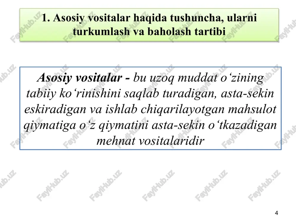 lgan asosiy vositalarning kirim qilinishi 0110-0190 4610 5 asosiy vositalarning tekinga kelib tushishi 0110-0190 8530 amorti-zasiya: asosiy vositalar qiymati amortizasiya hisoblash yo‘li bilan qoplanadi. amortizasiyalanadigan qiymat butun foydali xizmat muddati mobaynida sub'ekt xarajatlariga amortizasiya ajratmalari ko‘rinishida tizimli taqsimlanadi. asosiy vositalar bo‘yicha hisoblangan amortizasiya summalari buxgalteriya hisobida ushbu summalarni alohida schyotda jamg‘arish yo‘li bilan aks ettiriladi. 2. asosiy vositalarni buxgalteriya hisobini tashkil etish va yuritish amorti-zasiya: quyidagilar amortizasiya qilinmaydi: a) yer uchastkalari va tabiatdan foydalanishga doir boshqa ob'ektlar (suv, yer osti boyliklari va boshqa tabiiy resurslar); b) mahsuldor chorva mollari; v) axborot-kutubxona fondi; g) qonun hujjatlarida belgilangan tartibda konservasiyalashga o‘tkazilgan asosiy vositalar; 2. asosiy vositalarni buxgalteriya hisobini tashkil etish va yuritish amorti-zasiya: quyidagilar amortizasiya qilinmaydi: d) muzey ashyolari; ye) moddiy madaniy meros ob'ektlari; j) umumiy foydalanishdagi avtomobil' yo‘llari, yo‘laklar, sayilgohlar, xiyobonlar, mahalliy davlat hokimiyati organlari tasarrufida bo‘lgan obodonlashtirish inshootlari; z) to‘liq amortizasiyalangan asosiy vositalar 2. asosiy vositalarni buxgalteriya hisobini tashkil etish …
