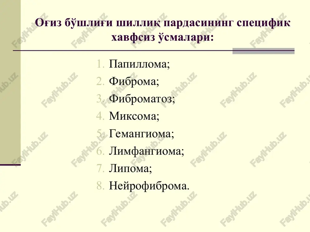 lar. klinik manzarasi: monoossal fibroz displaziyaga o'xshash, ammo undan tezroq o'sadi. o'sma sohasida joylashgan tishlar siljiydi. og'riq bezovta qil-maydi, kortikal suyak yupqalashib, paypaslanganda krepitatsiya (g'irchillash) sezi-ladi. rentgen tasvirida suyakda chegaralari aniq bo'lgan destruktsiya o'chog'i uning atrofida osteosklerotik halqa kuzatiladi. destruktiv jarayon sohasida ko'plab mayda kaltsifikatlar soyalari ko'rinadi. davolash – o'sma radikal operatsiya qilish yo'li bilan olib tashlanadi. davolash sababini bartaraf etish, sog'lom to'qimalar olib tashlash lozim buladi. milk fibromatozi kasallik milk qirralari, so'rg'ichlarini qon yoki giprtrofiyasi milkni barcha qismi (o'tuvchi burmaga) o'zgarishi bilan kechadi. bunda odatda yuqori va pastki jag' milki ham zararlanadi. bu xatto kattalashib tishlar tojini ham yopishi mumkin. o'sish bo'lakchali yoki milkni butun qalinlashuvi bo'ladi. ayrim oyoqchalarini instrument yoki qo'l bilan qo'zg'atish mumkin. bu qalinlashish filsimon milk deyiladi. differentsial diagnoz paradontit, alveolyar o'siq osteomieliti bilan bo'ladi. o'sish milkdan periostgacha boradi. jaroxat yuzasi yodoformli marli bilan, yuqoridan himoya plastinkasi bilan qoplanadi. pastki jag'da radikal operatsiya utkazilgan joyga vaqtinchalik …
