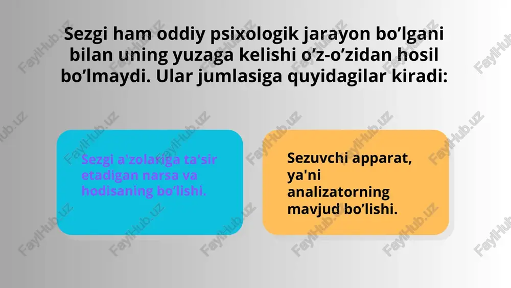 ekka tarmoqlari mavjud bo’lib, ularning ta'sirida harakat va statik sezgilar vujudga keladi. muskul - harakat sezgilarining fizik sababi muskullarga ta'sir etuvchi narsalarning mexanik tazyiqi va gavda harakatlaridir. statik sezgilar gavdaning fazodagi holatini sezish va muvozanat saqlash sezgilari deb ataladi. gavdaning fazodagi holatini bilish va muvozanat saqlash sezgisi uchun ichki quloqdagi vestibulyar apparat reseptor vazifasini bajaradi. organik sezgilar organik sezgilarning reseptorlari ichki organlarda, qizilo’ngach, me'da, ichak, qon tomirlari, o’pka va shu kabilarda joylashgan bo’ladi. ichki organlardagi jarayonlar organik sezgilar reseptorlarining qo’zg’atuvchilaridir. ularga quyidagilar kiradi: a) og’riq sezgilar; b) chanqoq sezgilari; v) noxush tuyg’ular; g) ochlikni sezish. adaptasiya - yoxud moslashuv - sezgi organlari sezgirligining qo’zg’atuvchi ta'siri ostida o’zgarishi demakdir. adaptasiya (yoki moslashish) ikki turga bo’linadi: a) negativ adaptasiya; b) pozitiv adaptasiya. pozitiv adaptasiyada kuchsiz qo’zg’atuvchi ta'siri ostida sezgirlik oshadi. ko’rish analizatorida pozitiv adaptasiya, qorong’ulik adaptasiyasi deyiladi. negativ adaptasiya ikki xil bo’ladi: a) qo’zg’atuvchining davomiy ta'siridan sezgirlik yo’qoladi. masalan, qo’limizga yuk qo’yilsa …