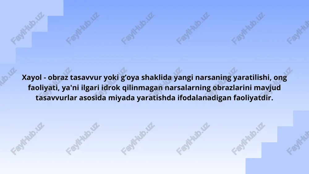 keng bo’ladi. xayol kuchi quyidagilarga bog’liq bo’ladi. xayol kuchi ehtiyoj, qiziqish, istaklarning kuchiga bog’liq bo’ladi. masalan: faqat shu bugungi kun haqida o’ylasa, odamning xayoli kuchsiz bo’ladi. xayol kuchi hissiyotga bog’liq bo’ladi, hissiyot qanchalik kuchli bo’lsa, xayol shunchalik erkin bo’ladi. xayol kuchi idrokka bog’liq bo’ladi. biz idrok qilganimizda diqqat bilan idrok qilsak, xayol kuchayib, kengayadi, agar diqqatimiz xayolga qaratilsa, unda idrok qilsak, xayol kuchayib kengayadi, agar diqqatimiz xayolga qaratilsa unda idrok susayadi. masalan, ba'zan bir xayolga berilib, atrofdagi narsalarni ko’rmaymiz, eshitmaymiz. xayolning realligi - voqelikni to’g’ri aks ettiruvchi xayoliy obrazlarning yaratilishi, geniylarni xayolining kuchi real xayoldir. masalan, kosmosga uchish xayolni oldindan tasavvur etish. xayolning realligi odamning tajribasiga, bilimiga, tafakkuriga bog’liq bo’ladi. obrazlar amalga oshmasa, bu real xayol bo’lmaydi, balki fantastik xayol bo’ladi. image1.jpeg image2.png image3.svg image4.jpeg image5.jpeg image6.jpeg image7.png image8.svg image9.png image10.svg image11.png image12.svg image13.png image14.svg image15.jpeg image16.jpeg image17.jpeg image18.jpeg image19.png image20.svg image21.jpeg image22.jpeg image23.jpeg image24.jpeg image25.jpeg image26.png image27.svg image28.jpeg image29.jpeg …