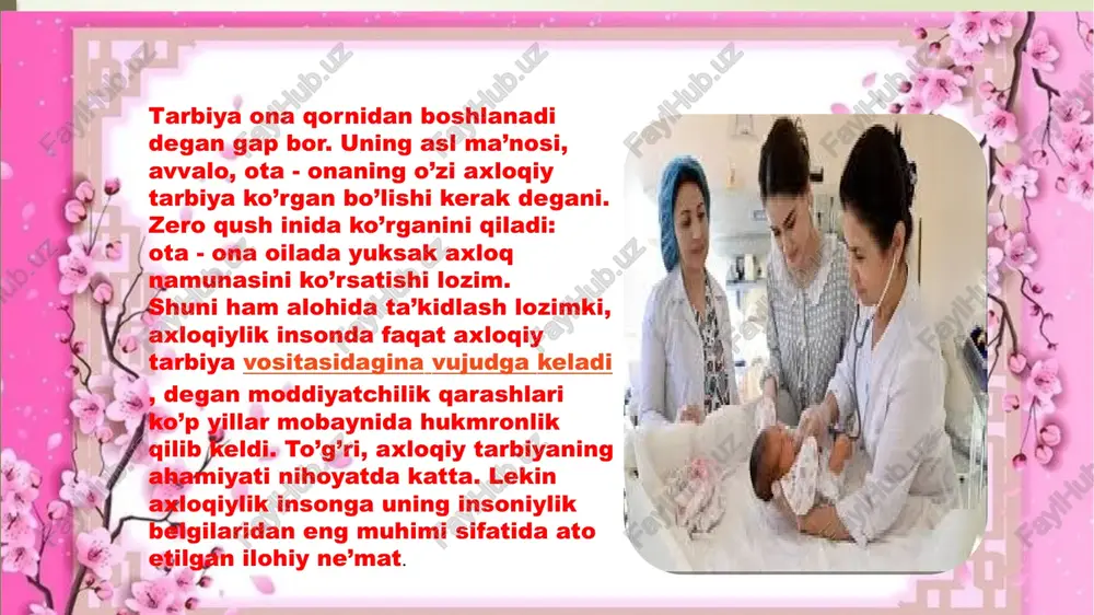 ing asosiy panjasi tarbiyadur. axloqimizning binosining go’zal va chiroyli bo’lishiga tarbiyaning zo’r ta’siri bordur, ba’zilar «tarbiyaning axloqqa ta’siri yo’q, insonlar asl yaratilishida qanday bo’lsalar, shunday o’sarlar, tabiat o’zgarmas», gulxaniy.”turkiy guliston yohud axloq”kitobi axloqiy tarbiyaning barcha zamonlar uchun dolzarb bo’lgan yo’li bu – namunaviylik tamoyili. oilada, avvalo, yuqorida aytilganidek, ota - ona bolaga axloqiy namuna bo’lishi kerak. maktabda va oliy o’quv yurtida muallimlarning ta’lim berish usullaridan tortib, to «mayda - chuyda» hatti - harakatlarigacha o’z shogirdlari tomonidan shaxsiy namuna tarzida qabul qilinishini nazardan qochirmaslik lozim. ustoz - shogirdlik munosabatlaridagi muomala odobi, halollik, rostgo’ylik yoshlar axloqiy tarbiyasining shakllanishini ta’minlovchi omillardandir. hozirgi paytda axloqiy tarbiyaning eng kuchli zamonaviy vositasi sifatida televidenieni keltirish mumkin. u deyarli barcha san’at turlarida yaratilgan asarlarni ekranlashtirish va ekranda ko’rsatish imkoniga ega. bundan tashqari, unda maxsus axloqiy tarbiyaga bag’ishlangan muntazam ko’rsatuvlar ham berib boriladi. o’zbek tilidagi «otalar so’zi - aqlning ko’zi», «rivoyat», «oqshom ertaklari» singari ko’rsatuvlar bunga misol bo’la …
