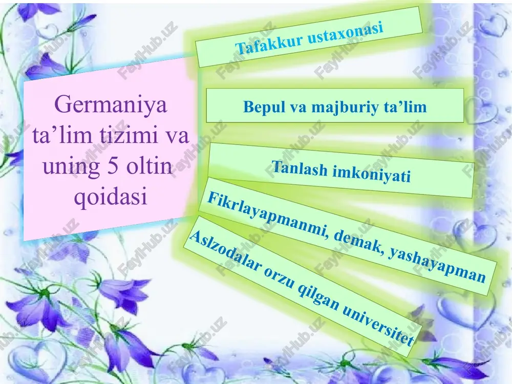 ham taʼlim olishi mumkin. xorijliklar mahalliy shart-sharoitga moslashishi, nemis tilini puxta o‘zlashtirishi uchun tayyorlov kurslari tashkil etiladi. nemis pedagoglari isteʼdodsiz o‘quvchining o‘zi yo‘q, deb hisoblashadi. shunga ko‘ra ular o‘quvchining ochilmagan qirralarini kashf etish, ularni yangilik va ixtirolar ruhida tarbiyalashga intiladi."fikrlayapmanmi,demak, yashayapman!" deydi mashhur faylasuf rene dekart. olmon maktablarida ana shu naql oltin qoida sifatida qabul qilingan. pedagoglar birinchi navbatda o‘quvchining, hatto xato bo‘lsa-da, mustaqil fikri bo‘lishiga erishishni maqsad qiladi. taʼlim jarayoni esa ota-ona va o‘qituvchi o‘rtasidagi uzviy hamkorlikka tayanadi. aslzodalar orzu qilgan universitet germaniyada yevropaning boshqa davlatlariga qaraganda bepul oliy taʼlim olish imkoniyati ko‘proq. nodavlat jamg‘armalar hamda hukumat grantlari asosida xorijliklar ham nemis universitetlarida tahsil olishi mumkin. yuqorida taʼkidlaganimizdek, mahalliy gimnaziyalarni bitirib, ityozli shahodatnomani olgan yoshlar universitetlarga imtihonsiz kiradi. chet elliklar esa o‘qishga kirish uchun nemis tili bo‘yicha imtihondan o‘tadi. universitetlarda bakalavr bosqichi to‘rt yarim yilgacha, magistratura bir yildan to‘rt yilgacha, doktorantura ikki yildan besh yilgacha davom etadi. odatda, bakalavriat …