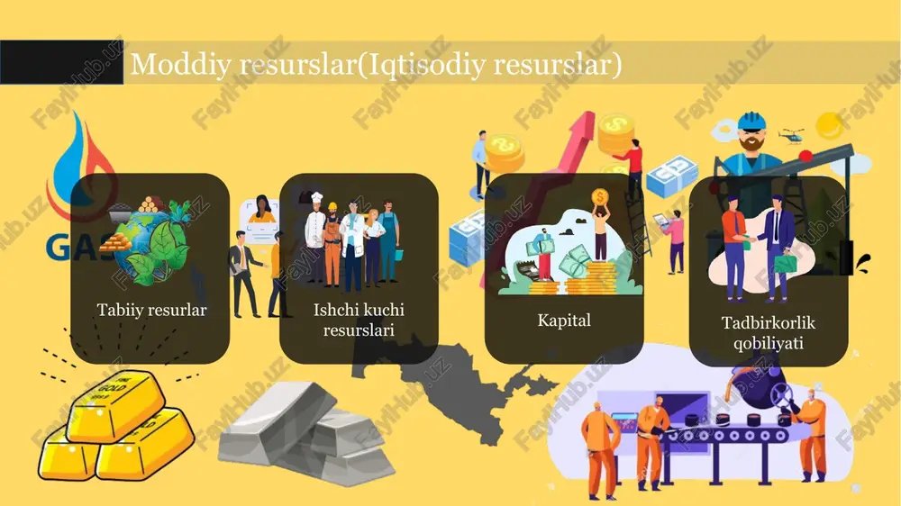 var ishlab chiqarish va xizmat ko‘rsatish jarayonlarida foydalanish mumkin bo‘lgan barcha vosita va imkoniyatlar majmui tushuniladi. tabiiy resurlar ishchi kuchi resurslari kapital tadbirkorlik qobiliyati 2021-yilda o‘zbekiston respublikasining eksport salohiyatini amalga oshirish chora-tadbirlari to‘g‘risida president farmoni eksportni har tomonlama qo‘llab-quvvatlash va rag‘batlantirish, uning hajmlari barqaror o‘sishini ta’minlash va tarkibini takomillashtirish bo‘yicha mamlakatda amalga oshirilayotgan kompleks chora-tadbirlar, ushbu maqsadlarda mavjud resurs va ishlab chiqarish salohiyatidan maksimal darajada foydalanish koronavirus pandemiyasi munosabati bilan joriy etilgan cheklovlarning oqibatlarini yumshatish imkonini berdi. 2021-yilda respublika eksport salohiyatini tiklash va yanada kengaytirish maqsadida: 1. eksport va investitsiyalarni rivojlantirish masalalari bo‘yicha hukumat komissiyasining (keyingi o‘rinlarda — hukumat komissiyasi) investitsiyalar va tashqi savdo vazirligining hududiy bo‘linmalarida joylashtirgan holda doimiy faoliyat yurituvchi hududiy eksport shtablarini tashkil etish to‘g‘risidagi taklifiga rozilik berilsin. hukumat komissiyasi o‘n kun muddatda “ishlab chiqarishdan to xorijiy iste’molchigacha” tamoyili bo‘yicha eksportchi tashkilotlarga ko‘maklashishda aloqador vazirliklar, idoralar, tijorat banklari va mahalliy davlat boshqaruvi organlarining “gorizontal va vertikal o‘zaro …