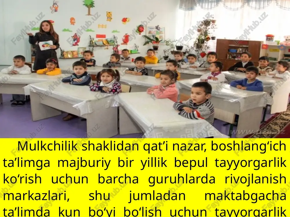 osida yotadi. bolalarni maktabga majburiy bir yillik tayyorlash uchun shunday qilib, rivojlanish markazlarida to‘g‘ri tashkil etilgan ishlar har bir bolaga o‘ziga yoqadigan narsani topishga, uning kuchli va qobiliyatiga ishonishga, kattalar va tengdoshlar bilan o‘zaro munosabatlarni o‘rganishga, tushunishga imkon beradi va ularning his-tuyg‘ularini va xatti-harakatlarini baholashga imkon beradi va aynan shu rivojlanayotgan ta’lim asosida yotadi . 8:00-12:00 (4 soat) 1 smena qabul qilish, ko‘rik, ertalabki jismoniy tarbiya 8:00-8:40 ertalabki uchrashuv 8:40-9:00 o‘yin shaklidagi ta’lim faoliyati 9:00-10:30 o‘yin, mustaqil mashqlar, loyihaviy faoliyat 10:30-11:00 engil nonushta (rejalashtirilgan bo‘lsa) 11:00-11:15 sayr, bolalarning uylariga ketishi 11:15-12:00 pedagoglar uchun kunduzgi tushlik ovqatga tanaffus 12:00-12:30 pedagoglarning ikkinchi smena mashg‘ulotlariga tayyorlanishi 12:30-13:00 image3.gif image4.png image2.png image5.jpeg image6.jpeg image7.jpeg image8.jpeg image9.jpeg image10.jpeg image11.jpeg image12.jpeg image13.jpeg image14.jpeg /docprops/thumbnail.jpeg