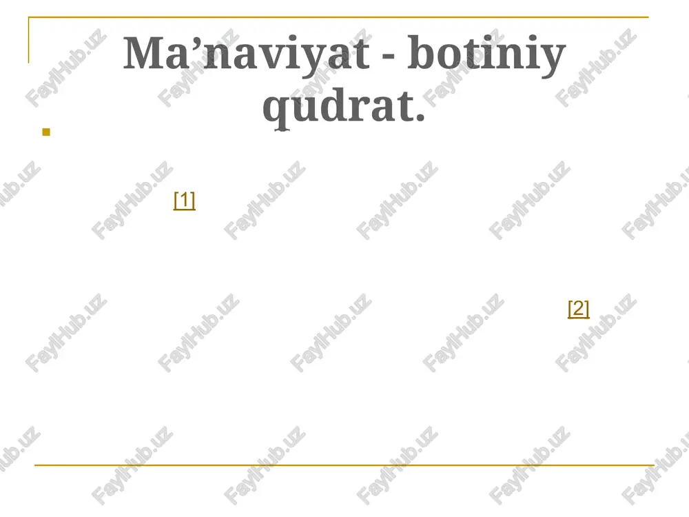 dalangan buyuk va boqiy haqiqatlar, yuksak tuyg’ular. ma’naviyatli yoki ma’naviyatsiz siyosat din, ilm-fan, axloq, san’at va adabiyot kabi sohalarning har biri murakkab hayotiy yo’nalishlar sifatida siyosatga ham, iqtisodga ham aloqador jihatlari yo’q emas, ammo ulardan ma’naviyat chiqarib tashlansa, barchasi puch yong’oq yoki achchiq mag’izli danakka o’xshab qoladi, ya’ni asl mohiyatini yo’qotadi. boshqacha aytganda agarchi ma’naviyatli yoki ma’naviyatsiz siyosat, yoki halol yoki harom luqma haqida gapirish o’rinli bo’lsa ham, ma’naviyatsiz madaniyat, imonsiz din, bilimsiz ilm-fan, mas’uliyatsiz axloq, mehrsiz san’at va adabiyot haqida gapirish mag’izsiz po’st haqida gapirish bilan barobar bo’ladi. shunga ko’ra madaniyat, din, ilm-fan, axloq, san’at va adabiyot kabilarni asosan ma’naviyat sohasiga tegishli deb hisoblasak, xato bo’lmaydi. yoshlar va ma`naviyat 12 12 image1.jpeg image2.jpeg image3.jpeg image4.jpeg image5.jpeg image6.jpeg image7.jpeg image8.png image9.png image10.jpeg image11.jpeg image12.jpeg image13.jpeg /docprops/thumbnail.jpeg