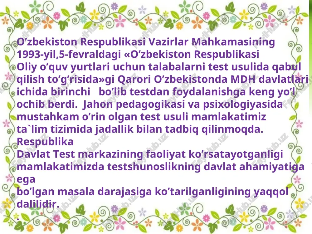 pish usulini aniqlash va uni muayyan tartibda belgilash talab qilinadi; - qarama-qarshi munosabatlarni aniqlash testlari; - masalalar echishga qaratilgan (matematik, fizik va b.) topshiriqlar; - chizmalar va sxemalarni tushunishga qaratilgan topshiriqlar; - shakllar nisbatini aniqlashga qaratilgan topshiriqlar; - olingan axborotni o’zlashtirish darajasini aniqlash topshiriqlari; - sinonimlar va antonimlarni farqlashga oid topshiriqlar; analogiya (aynan o’xshashlik)ga oid topshiriqlar; -o’qilgan matnni tushunishga oid topshiriqlar; - ko’rsatmalarni bajarishga oid topshiriqlar; - bilimdonlikni aniqlashga doir topshiriqlar; - tafakkurni aniqlovchi testlar; - orfografik testlar; - til masalalariga doir topshiriqlar va boshqalar. mutaxassislik (umumtexnik) fanlardan test topshiriqlari tuzishda yopiq (bir yoki bir necha to’g’ri javobli), ochiq, muvofiqlikni va to’g’ri ketmaketlikni aniqlashga oid test topshiriqlaridan foydalanish tavsiya etiladi. bunda bir o’quv maqsadiga erishganlikni turli test topshiriqlari yordamida aniqlash (invariant) testlar tuzish ham maqsadga muvofiqdir. ochiq topshiriqlar. agar test topshirig’i matnida, uning tayanch so’zlari yoki gap tushirib qoldirilgan bo’lsa, bunday topshiriq ochiq (tugallanmagan) test deb ataladi. bu shakldagi testlarda …