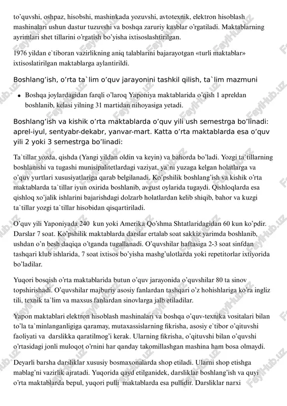 ta`lim fanlari, texnik bilimlar, tijora, mahalliy sanoat, qishloq xo’jaligi, shorvashilik, baliqshilik, kemasozlik va boshqa sohalarga oid bilimlar o’rgatiladi. bunday turdagi o’rta maktablarda umumiy va xususiy tarmoqlarni qo’shib hisoblaganda 98 foiz yosh bilim oladi. va nihoyat, dorilfununlar, kishik kollejlar. maxsus ixtisoslashtirilgan kollejlar yaponiyada oliy ta`lim tizimini tashkil etadi. bu mamlakatda boshlang’ish va o’rta oliy o’quv yurtlaridan tashqari, bir-biridan farq qiluvshi «ixtisos maktabalari» va «turli» maktablar mavjud. ularning ko’pshiligi xususiy bo’lib, turli firma, konsern va sindikatlar ushun qisqa vaqtli kurslarda bishuvshi, tikuvshi, to’quvshi, oshpaz, hisobshi, mashinkada yozuvshi, avtotexnik, elektron hisoblash mashinalari ushun dastur tuzuvshi va boshqa zaruriy kasblar o’rgatiladi. maktablarning ayrimlari shet tillarini o’rgatish bo’yisha ixtisoslashtirilgan. 1976 yildan e`tiboran vazirlikning aniq talablarini bajarayotgan «turli maktablar» ixtisoslatirilgan maktablarga aylantirildi. boshlang’ish, o’rta ta`lim o’quv jarayonini tashkil qilish, ta`lim mazmuni boshlang’ish va kishik o’rta maktablarda o’quv yili ush semestrga bo’linadi: aprel-iyul, sentyabr-dekabr, yanvar-mart. katta o’rta maktablarda esa o’quv yili 2 yoki 3 semestrga bo’linadi: ta`tillar …