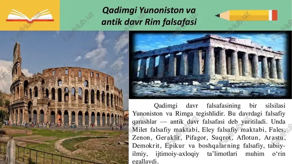 asuf olim, balki san’atkor, shoir va dramaturg bolgan, o‘z g‘oyalarini dialoglar tarzida bayon qilgan. aflotun 428-yil 21-mayda delos orolida tugllgan. o‘zidan keyin 35 dan ziyod dialog shaklidagi asarlar yozib qoldirgan. arastuning u haqdagi ma’lumotlarini birdan-bir to‘g‘ri dalil deb qarash mumkin. chunki arastu aflotunning eng yaqin do‘sti va shogirdi bolgan. aflotun «g‘oyalar dunyosi va soyalar dunyosi» ta’limotining asoschisidir. uningcha, g‘oya haqiqiy borliq, biz biladigan va yashaydigan dunyo esa uning soyasidir. haqiqiy o‘zgarish va taraqqiyot g‘oyalar dunyosiga xos, soyalar dunyosidagi harakat esa uning aksidir. g‘oyalar dunyosining qonuniyatlarini hamma ham bilolmaydi. ularni biladigan zotlar nihoyatda kam uchraydi, ular ulkan aql egasi boladi va tarixda chuqur nom qoldiradi. aksariyat kishilar esa, soyalar dunyosi bilan kifoyalanadi. aflotunning shogirdi va safdoshi arastu (384—322-yillar) (asli — aristotel) qadimgi yunonistonning buyuk faylasufi, o‘zining betakror, jahonni lol qoldirgan ilmiy merosi bilan mashhurdir. o‘n yetti yoshida o‘z ilmini oshirish maqsadida afinaga kelib, aflotun asos solgan akademiyaga o‘qishga kirgan va 20 …