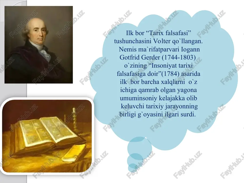 ning qoidalari va xulosalari tarix, sotsiologiya, iqtisod, siyosatshunoslik, huquq falsafasi, psixologiya va boshqa fanlar sohasida amalga oshiriluvchi tadqiqotlarda qudratli metodologik vosita rolini o‘ynaydi. tarix falsafasining dunyoqarashga doir funksiyasi shundan iboratki, u insonda tarixga, ya’ni jamiyatning mavjudligi va rivojlanishi, tarixiy jarayonning yagonaligi va rang-barangligiga, uning mazmuni va yo‘nalishiga, insonning undagi o‘rni, roliga va hokazolarga nisbatan umumiy munosabatni shakllantiradi. tarix falsafasining metodologik funksiyasi uning qoidalarini tarixiy o‘tmishning u yoki bu ijtimoiy fanlar doirasida o‘rganiluvchi ayrim hodisalari va voqealarini o‘rganish jarayonida amalga tatbiq etish imkoniyatidan iborat. bu holda tarix falsafasining qoidalari va xulosalari tarix, sotsiologiya, iqtisod, siyosatshunoslik, huquq falsafasi, psixologiya va boshqa fanlar sohasida amalga oshiriluvchi tadqiqotlarda qudratli metodologik vosita rolini o‘ynaydi. tarix falsafasining prognostik funksiyasi shundan iboratki, tarixiy jarayon qonuniyatlarini bilish jamiyat, uning ayrim kichik tizimlarining rivojlanish tendensiyalarini, tarix voqealari, kishilar faoliyatining yaqin va uzoq kelajakdagi oqibatlarini bashorat qilishga yordam beradi. bunday bashorat negizida u yoki bu ijtimoiy hodisalar va umuman jamiyatning …