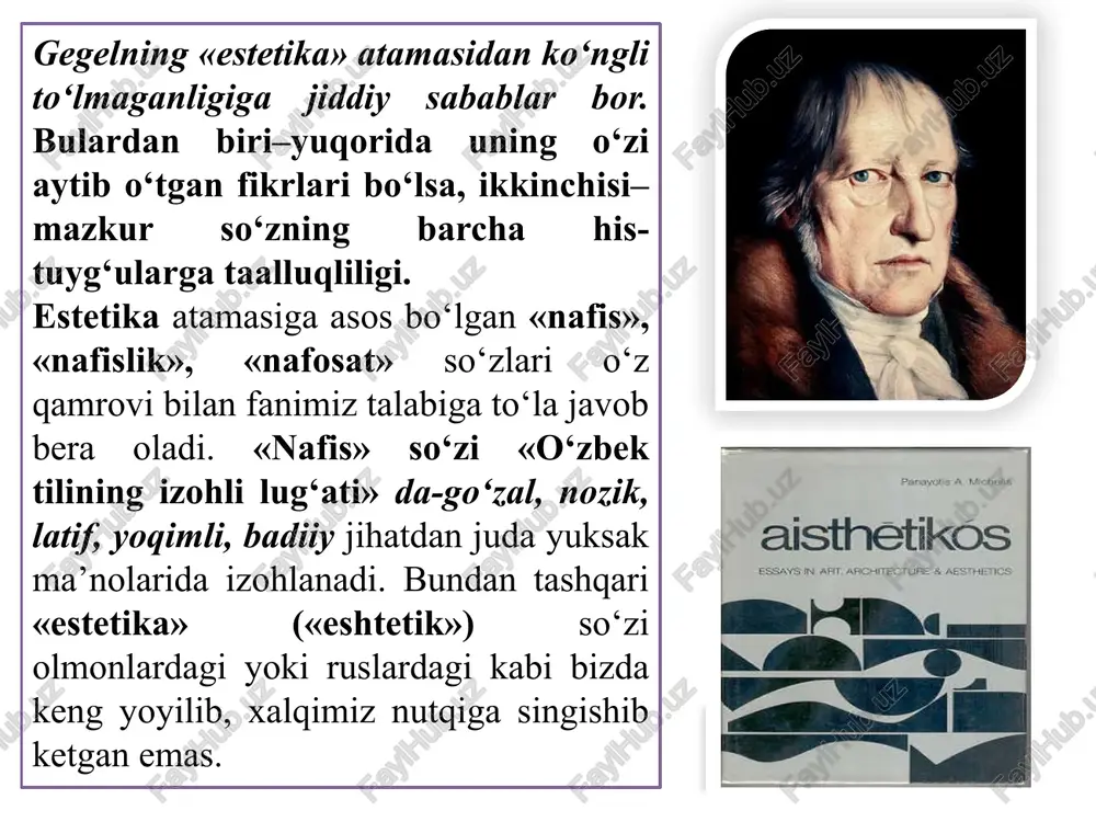 -tuyg‘ular umuman inson ongining ajralmas qismi bo‘lib, nafosatli ong sohasida alohida o‘rin tutadi. ular nafosatli ongning asosiy qatlamini tashkil etib, uning poydevori hisoblanadi, uning barcha jabhalarini bezaydi va boyitadi. estetik hissiyot. ko‘pincha adabiyotlarda estetik hissiyot «estetik tuyg‘u» so‘zida, birlik shaklida beriladi. goh estetik kechinmaning, goh estetik hayajonning sinonimi tarzida talqin qilinadi. bizningcha, bu unchalik to‘g‘ri emas. chunki hayajon ham, kechinma ham bitta tuyg‘udan emas, tuyg‘ular silsilasidan iborat bo‘ladi, shu sababdan uni ko‘plikda–hislar yoki hissiyot shaklida qo‘llash maqsadga muvofiq. estetik did. estetik did tushunchasining o‘ziga xosligi shundaki, u bir tomondan, idrok, fahm, farosat kabi ildizi aqlga borib taqalsa, ikkinchidan, o‘zining ehtiros, his—hayajon, subyektiv baxolash xususiyati bilan ulardan ajralib turadi nafosatli ongning yana bir tarkibiy qismi estetik qarashlar va nazariyalar bo‘lib, ular nafosatli ongning g‘oyaviy sohasini tashkil etadi va ular tabiat, hayot, san’at mohiyati haqidagi fikr-mulohazalar va g‘oyalar tizimini anglatadi. estetik munosabat insoniy, ijtimoiy munosabatlarning maxsus turi bo‘lib, uning tarkibini estetik obyekt …