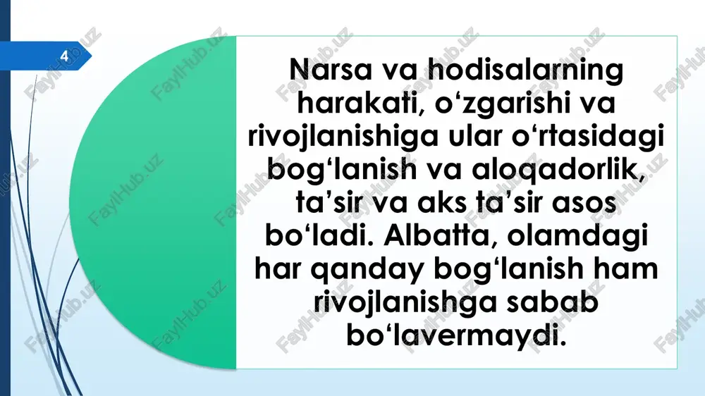 mning mavjudligi – miqdor va sifat voqeligi tarzida ham namoyon bo’ladi. buning mohiyati shundan iboratki, narsa va hodisalardagi sezilarli bo’lmagan miqdoriy o’zgarishlar asta-sekin to’plana borib, taraqqiyotning ma’lum bir bosqichida me’yorni buzadi va sakrash yo’li bilan tub sifat o’zgarishlariga olib keladi. miqdor va sifat o‘zgarishlarini o‘zaro o‘tish qonuni. 18 sifat — narsalarning ichki va tashqi muayyanligi bo‗lib, uning qator xossa, belgi, xususiyatlari birligini ifodalaydi. sifat narsaning umumiyligini, yaxlitligini, uning nisbiy barqarorligini, bir-biriga o‗xshashligi yoki o‗xshamasligini ifodalaydi. u keng ma‘noda narsalarning turli-tuman xossalari yig‗indisidir. miqdor predmetning hajmi, o‗lchovi, og`irligi, harakat tezligi va shu kabilar bilan tavsiflanadi. tabiat hodisalari kabi ijtimoiy hodisalar ham miqdoriy tomonga ega. 19 inkorni inkor qonuniga muvofiq obyektiv voqelikdagi narsa va hodisalarning rivojlanishi jarayonida eskining yangi tomonidan inkor qilinishi ro‘y beradi. biroq aksariyat hollarda, eskilik butunligicha inkor qilinmaydi, undagi ijobiy tomonlar saqlanib qoladi. inkorni dialektik tushunish yangining eski bilan oddiy almashuvi bo‘lmasdan, balki eskining bag‘rida vujudga kelib, undan foydalanib, …