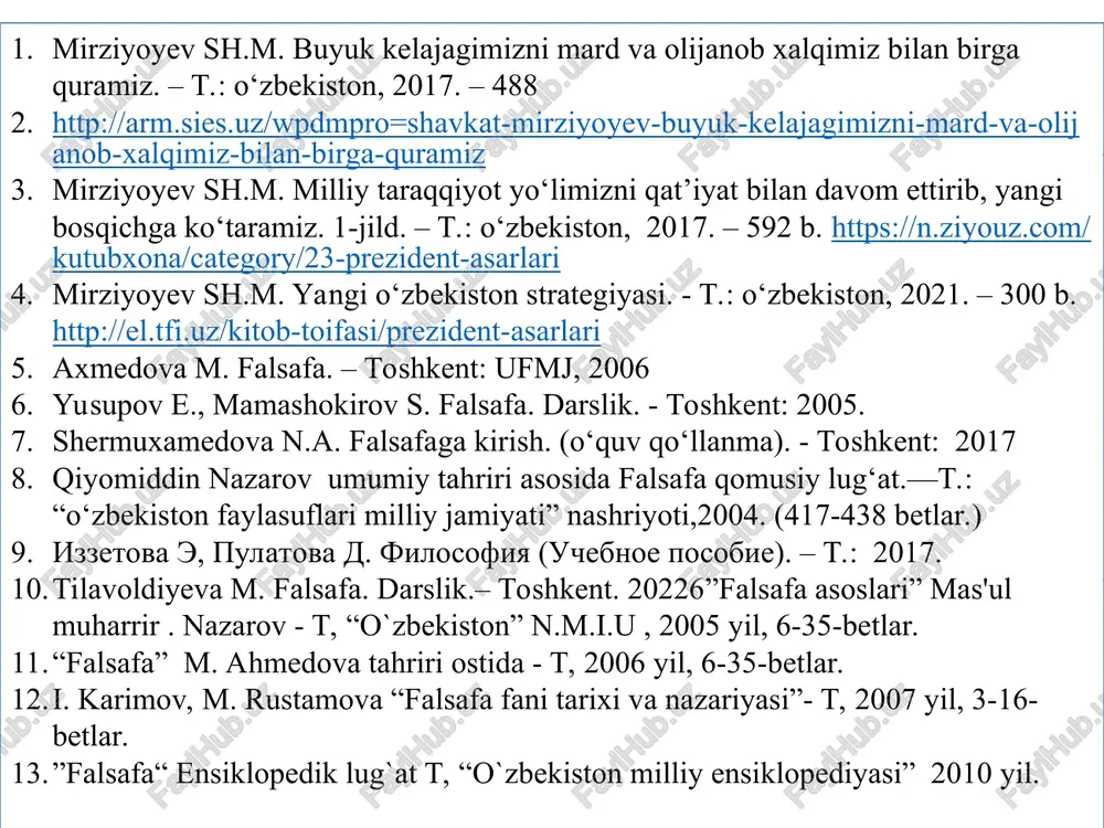 yaxlitlikni, ya’ni tizimni ta’minlovchi ularning bog’lanishi jarayonida kechadi. ana shu jarayonda narsa, hodisalarning o‘zaro aloqadorligi, o‘zaro ta’siri ularning o‘zgarishi, taraqqiyotini keltirib chiqaradi. * * falsafa qonunlari mazkur qonunlarda barcha narsa, hodisalar uchun xos bo‘lgan eng muhim zaruriy, nisbatan barqaror, doimiy takrorlanib turuvchi, ichki o‘zaro bog’lanishlari ifodalanadi. miqdor o`zgarishlarining sifat o`zga rishlariga o`tish qonuni (rivojlanish mehanizmlarini, taraqqiyotning qay tarzda kechishini ifodalaydi). dialektik ziddiyatlik yoki qarama-qarshi liklar birligi va kurashi qonuni (harakat va rivojlanishning sababi, va manbaini ifodalaydi). inkorni-inkor qonuni (taraqqiyot- ning umumiy yo`nalishini, vorislikni ifodalaydi) miqdor – obyekt (narsa, predmet)ning tashqi ko`rsatkichi. sifat – obyektning muhim belgilarini ifodalaydigan falsafiy tshuncha. me’yor – sifat va miqdorning o`zaro dialektik bog`liqligi. miqdor o`zgarishlarining sifat o`zgarishlariga o`tish qonuni – taraqqiyot mehanizmlarini ochib beradi * miqdor oʼzgarishlarining sifat oʼzgarishlariga oʼtishi qonuni dialektikaning qonunlaridan biri. tabiat, jamiyat va tafakku taraqqiyotining eng umumiy tarzini ochib beradi. uni gegel taʼriflab bergan. rivojlanish murakkab jarayon boʼlib, unda miqdor va sifat …