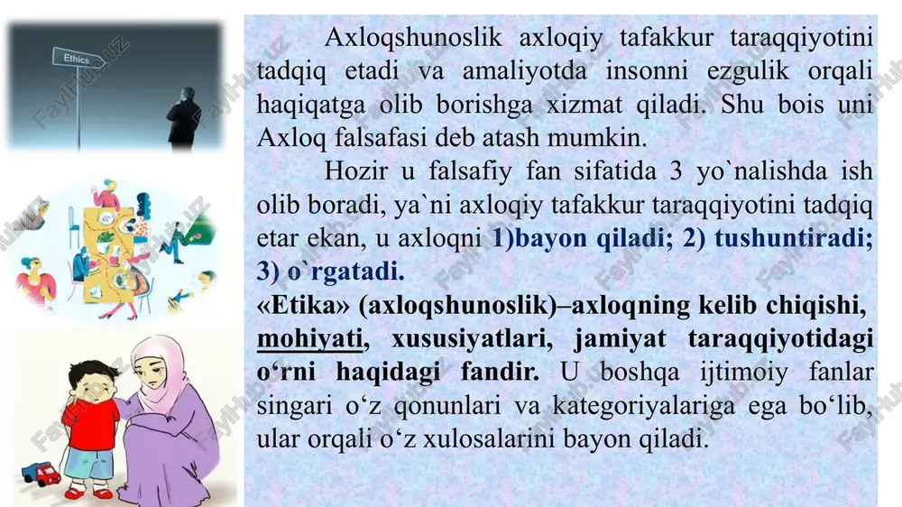 zamonda, sharoitda ham yovuzlik bo`lib qolaveradi adolatning o`zi biror-bir qadriyatni anglatmaydi, lekin qadriyatlar orasidagi nisbatni belgilaydi, ularni baholash maqomiga ega shafqatning ildizi inson shaxsiga bo`lgan muhabbatga borib taqaladi, u ham muhabbat kabi qamrovli hissiyot qadr-qimmat. bu tushuncha inson o`z qadrini, bu dunyoda uning hayoti oliy qadriyat ekanligini, o`z shaxsi oldida o`zi ma`sul ekanligini anglash uchun xizmat qiladigan hissiyot ideal inson hayotidagi eng oliy axloqiy talabki, uning bajarilishini shaxsni komillikka yetkazadi. hayotda to`la ideallikka erishib bo`lmaydi, lekin inson ana shu komillikni o`ziga namuna bilib, idealga intilib yashashi jarayonida nisbiy-hayotiy komillikni qo`lga kiritadi baxt – har bir insonda qoniqish hissi undagi maqsadlarning takomilga yetkanidagina ro`y beradi. farobiy “baxt – har bir inson intiladigan maqsad, zotan u muayyan komillikdir”, – deganda ko`p jihatdan haq edi hayolilik – bu me`yor xulqiy har bir xulqiy go`zallikning asosiy belgilaridan biri hisoblanadi. bir qarashda uyat hissi bilan o`xshasada, aslida o`zini ko`proq andisha va iboga yaqin fazilat tarzida …