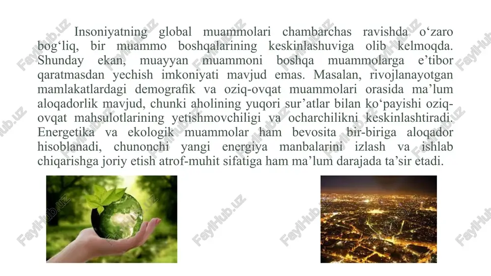 ng ko'lami turlicha. muammolar mavjud: individual, ya'ni bir kishining va, ehtimol, uning yaqinlarining hayotiga ta'sir qiladi; tuman, viloyat va boshqalarni rivojlantirish bilan bog'liq bo'lgan mahalliy, mintaqaviy; davlat, butun mamlakat yoki uning ko'p qismi uchun muhim bo'lganlar; ko'plab hududlarni o'z ichiga olishi mumkin bo'lgan so'l mintaqaga ta'sir qiluvchi xalqaro; global, sayyoraviy miqyosda, deyarli hamma uchun tegishli. sayyora doimiy to'qnashuvlar tufayli parchalanib ketgan. doimiy urush tahdidi, ijtimoiy keskinlik, irqiy va diniy murosasizlik - jamiyat doimo yoqasida bo'lib tuyuladi. bu yerda va u yerda tartibsizliklar boshlanadi. so'nggi o'n yillikdagi inqiloblar mamlakat ichidagi urushlar qanchalik dahshatli bo'lishi mumkinligini ko'rsatdi. misr, suriya, liviya, ukraina – misollar yetarli va ular haqida hamma biladi. natijada, g'oliblar yo'q, hamma u yoki bu tarzda yutqazadi va birinchi navbatda - oddiy aholi. yaqin sharqda ayollar o'z huquqlari uchun kurashmoqda: ular o'z sog'lig'i va hayoti uchun qo'rqmasdan maktab va universitetlarda o'qishni xohlaydi. ular ikkinchi darajali odamlar bo'lishni to'xtatmoqchi - o'ylash qo'rqinchli, …