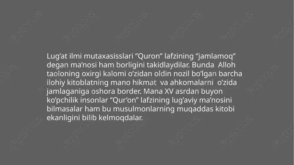 sobit qur’onni yod olgan kishilardan xurmo yaproqlari, terilar, yapaloq toshlar, kurak suyaklarga bitilgan yozuvlarni birma-bir yig’ib, allohning kalaomnin bir joyga jam qilgan. qur’oni karim uch marta – rasululloh alayhissalom zamonlarida, abu bakir siddiq, va hazrati usmon roziallohu anhu davrlarida jam qilingan. birinchi holatda oyatlar suralardagi o’z o’rniga qo’yib, tartibi bilan yozilgan, payg’ambar alayhissalom yangi tushgan oyat qaysi suradan ekanini, qayerda turishi lozimligini kotiblarga ko’rsatib turganlar. ikkinchi holatda oyat va suralar tartibha solinib, sahifalrda jam qilingan bu suhuf deb nom olgan. kishilar qo’lidagi qur’on yozilfgan parchalar rasululloh huzurlarida yozilganiga ikki guvoh keltirilgandagina tekshirib qabul qilingan. nizomiy nomidagi toshkent davlat pedagogika universteti professional ta’lim fakulteti texnalogik ta’lim yo’nalishi talabasi kasimov nazarbekning dinshunoslik fanidan mustaqil ishi image2.png image3.png image4.png image5.png image6.png /docprops/thumbnail.jpeg