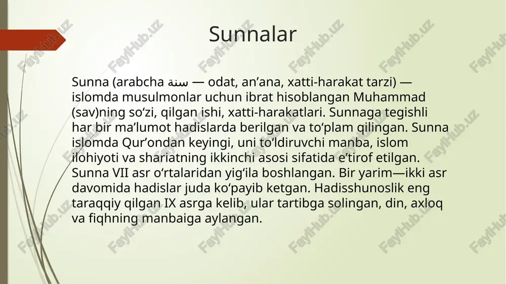 tida eʼzozlanuvchi manba hisoblanadi. imom buxoriyning hadislar toʻplash borasidagi qoʻygan shartlari boshqa muhaddislarning shartlaridan koʻra aniqroq boʻlgani sababli „al-jomeʼ as-sahih“ asari „eng ishonchli hadislar toʻplagan“ nomiga sazovor boʻlgan. muhaddislar hadislarning roviylarini oʻzaro uchrashganlari ehtimoli mavjud boʻlsa shunga kifoyalanishgan, ammo imom buxoriy eshitgan hadislarining roviylari oʻzaro uchrashganini alohida koʻrgan guvohning eʼtirofini ham shart qilib qoʻygan. bunday shart boshqa muhaddislarda uchramaydi. hofiz ibn xajar al-asqaloniyning hisobiga koʻra „al-jomeʼ as-sahih“dagi hadislarning soni 7397 tani tashkil etadi. bular orasida takrorsizlari 2602 tani tashkil qiladi. izohlar, roviylarning ixtilofi va ilovalarni qoʻshilsa, kitobda keltirilgan hadislar soni 9082 taga yetadi nizomiy nomidagi toshkent davlat pedagogika universteti professional ta’lim fakulteti texnalogik ta’lim yo’nalishi talabasi baratova fazilataning dinshunoslik fanidan tayyorlagan mustaqil ishi image1.png image2.png image3.png image4.png image5.png /docprops/thumbnail.jpeg