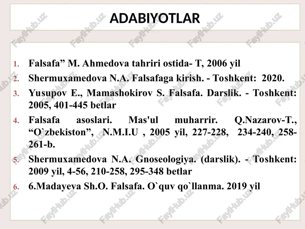 nning tabiat ustidan hukmronlik qilishga ko`maklashish. shunga ko`ra bekon tomonidan aforizm ilgari suriladiki, uning barcha falsafiy qarashlarini qisqagina ifodalab berdi: “bilim –bu kuchdir” idollar (unsur) – insonga (insoniyatga) haqiqiy bilimga erishishga to`sqinlik qiladilar urug idollari- inson zotiga, butun odamlarga xosdir. masalan bekon shunday deydi;: “insonning aqli qiyshiq ko`zguga o`xshaydi u narsalarning tabiati bilan o`z tabiatini aralashtirib yuborib, narsalarni qiyshiq ko`rsatadi ” urug` idoli- inson ajdodlari madaniyati orqali bilishning kechishi maydon idoli – ma`lum bo`lgan tasavvurlarga tayanish odati. nutq, tushunish apparatini: so`zlar, iboralar, tushunchalarni noaniq qo`llash g`or idoli - bu har bir odamning o`z spesifik xusussiyatlari natijasida yanglishishi. bu hamma narsani o`z nuqtai nazari bilan ifodalash, o`zning tor doirasi bilan olchash natijasida vujudga keladi teatr idollari- ular avtoritetlar fikriga ko`r-ko`rona ergashib, qadimgilarning falsafiy sistemalarini davom ettiraveradilar jon lokk j.lokk. sensualizm- ta`limotining asoschisi. sensualizm-bilish nazariyasida sezgilarni bilishning asosiy manbai deb e`tirof etuvchi yo`nalish:uninfg fikricha, bilish tabiat va inson o`rtasidagi munosabatlardan iborat bo`lib, …