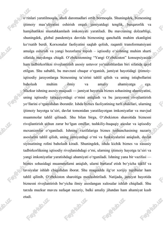 i. biznes faoliyatining samarali tashkil etilishi mamlakatdagi resurslardan oqilona foydalanish, yangi mahsulot va xizmatlar yaratish hamda iste’molchilar talabini qondirish imkonini beradi. bozor iqtisodiyoti sharoitida biznes subyektlari mustaqil qaror qabul qiladi, lekin ular raqobat qonunlariga rioya qilgan holda faoliyat yuritadi. biznesning eng muhim xususiyati — bu xavf va mas’uliyatning mavjudligidir, chunki tadbirkor foyda olish bilan bir qatorda zarar ko‘rish ehtimolini ham hisobga oladi. zamonaviy jamiyatda biznes nafaqat iqtisodiy, balki ijtimoiy ahamiyatga ega bo‘lib, u aholining turmush darajasini yaxshilash, innovatsiyalarni joriy etish va ijtimoiy loyihalarni qo‘llab-quvvatlashda faol ishtirok etadi. biznesning turli turlari mavjud bo‘lib, ular ishlab chiqarish, savdo, moliyaviy, transport, axborot va boshqa sohalarda namoyon bo‘ladi. har bir biznes turi o‘ziga xos resurslar, boshqaruv uslublari va marketing strategiyalariga ega. shu bois, biznesni to‘g‘ri yo‘lga qo‘yish uchun iqtisodiy bilimlar, bozorni tahlil qilish ko‘nikmalari va menejment tajribasi muhim hisoblanadi. jamiyatda biznesning muvaffaqiyatli rivojlanishi davlat siyosati, soliqqa tortish tizimi, investitsion muhit va infratuzilmaning holatiga bevosita …
