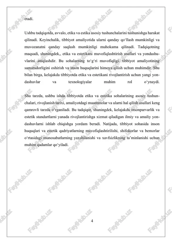 ilan bog‘liq muhokamalar mavjud. bu sohada texnologik rivojlanishlar, masalan, genetik muolajalar va robototexnika, yangi etik va estetik muammolarni yuzaga keltirmoqda. masalan, genetik muolajalar yordamida inson genetik kodini o‘zgartirish imkoniyati, etika nuqtai nazaridan, inson huquqlari va tabiatga ta’sir qilish masalalarini muhokama qilishni talab qilmoqda. xulosa qilib aytganda, etika va estika tibbiyotda insonparvarlik, professionalizm va estetik qadriyatlarni asos qilib olgan holda, bemorlarning huquqlari va xavfsizligini ta’minlashga xizmat qiladigan muhim sohalardir. ularning to‘g‘ri muvofiqligi, tibbiyot amaliyotining samaradorligini oshirish va inson huquqlarini himoya qilish uchun asos bo‘lib xizmat qiladi. bu sohalarda olib borilayotgan tadqiqotlar va yondashuvlar, kelajakda tibbiyotning insonparvarlik va estetik standartlarini yanada rivojlantirishga xizmat qilishi kutilmoqda. shunday ekan, etika va estika tushunchalarini chuqur tushunish va ulardan amaliyotda to‘g‘ri foydalanish tibbiyot sohasining rivojlanishi uchun muhim ahamiyat kasb etadi. ii. praktik tibbiyot amaliyotida etika va estetikani qo‘llash praktik tibbiyot amaliyotida etika va estetikani qo‘llash inson salomatligi, hayoti va go‘zalligi bilan bog‘liq muhim masalalardan biridir. bu …