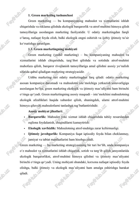 ichiga oladi. 2. ijtimoiy mas’uliyat green marketing orqali kompaniya o‘z ijtimoiy javobgarligini ko‘rsatadi. mahsulotlar va xizmatlar inson salomatligi va tabiiy resurslarga zarar yetkazmasligi kerak. shu yo‘l bilan kompaniya o‘z brendi atrofida ijobiy imidj yaratadi. 3. bozor farqlanishi va raqobat ustunligi bugungi iste’molchilar ko‘proq ekologik mahsulotlarga e’tibor qaratadi. shu sababli green marketing kompaniyaga bozorda farqlanish va raqobat ustunligini ta’minlash imkonini beradi. ekologik jihatdan mas’uliyatli brendlar iste’molchilar ongida ishonchli va mas’uliyatli sifatida qabul qilinadi. 4. iste’molchi ongini shakllantirish green marketing mahsulotning ekologik foydalari haqida iste’molchiga ma’lumot yetkazadi. bu reklama va ta’lim orqali amalga oshadi. natijada, iste’molchilar nafaqat mahsulotni sotib oladi, balki ekologik ongga ega bo‘ladi. 5. barqaror rivojlanishga hissa qo‘shish green marketing kompaniyaning uzoq muddatli barqaror rivojlanish strategiyasining muhim qismidir. atrof-muhitni himoya qilish va resurslardan oqilona foydalanish kompaniyaning uzoq muddatli iqtisodiy va ijtimoiy barqarorligini ta’minlaydi. shunday qilib, green marketingning mohiyati shundaki, u biznes maqsadlarini ekologik va ijtimoiy mas’uliyat bilan uyg‘unlashtiradi. bu kompaniyaga …