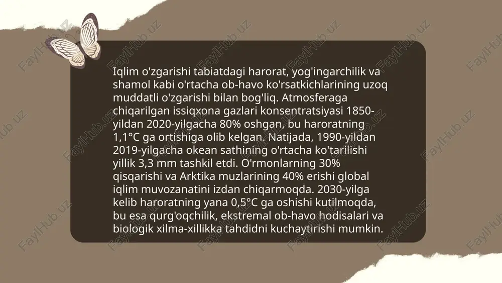 g‘orish tizimlari joriy etilishi lozim. ... t.me/slaydai_bot havoning ifloslanishi sayyoramizning global muammosi bo‘lib, u asosan transport vositalari, sanoat faolligi va energetika manbalaridan kelib chiqadi. har yili atmosferaga 7 milliard tondan ortiq karbonat angidrid gaz chiqariladi, bu esa issiqxona effektini kuchaytirib, iqlim o‘zgarishiga olib keladi. nox, so2 va chang zarralari kabi ifloslantiruvchi moddalar nafas olish yo‘llari kasalliklarini keltirib chiqarishi mumkin. havoning ifloslanishini kamaytirish uchun avtomobillarda ekologik toza yoqilg‘i turlari ishlatish, quyosh va shamol energiyasi kabi qayta tiklanadigan energiya manbalaridan foydalanish zarur. shuningdek, daraxtzorlarni ko‘paytirish va yashil hududlarni kengaytirish ifloslanishni kamaytirishga yordam beradi. ... t.me/slaydai_bot ekoturizm — bu ekologik barqaror turizm turi bo'lib, tabiatni himoya qilish va mahalliy aholining farovonligini oshirish maqsadini ko'zlaydi. 2021-yilda dunyo bo'ylab ekoturizmdan kelgan daromad 300 milliard dollarga yetdi. o‘zbekistonda ekoturizm rivojlanmoqda va 2023-yilgacha 60 mingdan ziyod turistlar uchun ekoturizm yo‘nalishlari tashkil etildi. ekoturizm ijtimoiy jihatdan jamiyatga foydali, chunki u mahalliy madaniyatni rivojlantiradi va mahalliy aholiga ish joylari …