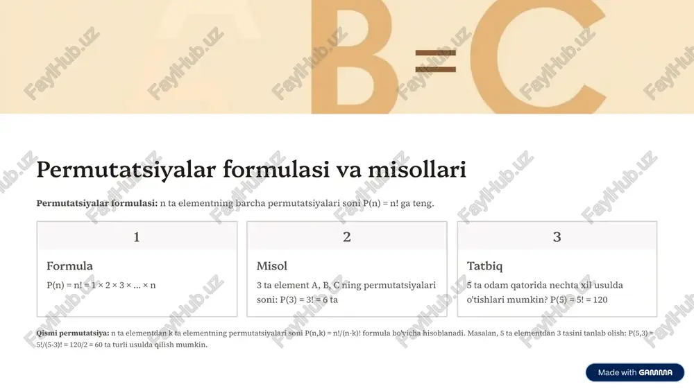 alga oshiriladi. python, java, c++ kabi tillarida kombinatorik muammolarni hal qilish uchun maxsus kutubxonalar mavjud. jadvallar va jadvallar faktorial, kombinatsiya va permutatsiyalarning tayyor jadvallari hisoblashlarni tezlashtiradi. internet va ma'lumatlar omborlari ushbu jadvallarga umumiy kirish imkonini beradi. misollar: 50! = 30414093201713378043612608166064768844377641568960512000000000, 100! ni hisoblashda taxminan 158 raqam kerak bo'ladi, 1000! ni logar bilan hisoblash tez-tez qo'llaniladi. https://gamma.app/?utm_source=made-with-gamma savol-javob va xulosa kombinatorika 4 diskret matematikaning muhim tarmog'i bo'lib, permutatsiya, kombinatsiya, variatsiyon va boshqa tushunchalarni o'rganadi. ushbu fanning ilmi va amaliy qo'llanilishi juda keng: 01 asosiy tushunchalar faktorial, permutatsiya, kombinatsiya, takrorlash bilan o'rinalastirish 02 formulalar p(n) = n!, c(n,k) = n!/(k!(n-k)!), p(n,k) = n!/(n-k)! 03 qo'llanilishi lotereyalar, shifrlash, tarmoq, genetika, ehtimollik nazariyasi 04 hisoblash usullari stirling formulasi, logar, kompyuter dasturlari, jadvallash muhim eslatma: kombinatorika 4 bu sanash san'ati. masalasini to'g'ri tushunish, qaysi formula qo'llanishini bilish va hisoblashlarni aniqligi eng muhim. har bir masalaning o'z khususiyati bor va unga mos usulni tanlash kerak. https://gamma.app/?utm_source=made-with-gamma