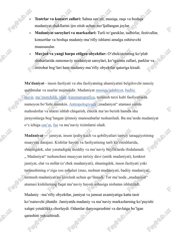 ari — bu mahalliy aholini bir joyga to‘playdigan, muloqot qilish, g‘oyalar almashish va hamkorlikni rivojlantiradigan joylardir. bu orqali ijtimoiy birdamlik kuchayadi, qo‘shnichilik munosabatlari yaxshilanadi. 2. ta’lim va rivojlanish markazi ko‘plab jamoat markazlarida: kompyuter, til, kasb-hunar kurslari, bolalar uchun to‘garaklar, ma’naviy-ma’rifiy tadbirlar o‘tkaziladi. bu esa aholining bilim va malakasini oshiradi. 3. madaniyat va san’atni rivojlantiradi u yerda: konsertlar, ko‘rgazmalar, teatrlar, milliy bayram tadbirlari o‘tkaziladi. shu orqali milliy qadriyatlar asrab-avaylanadi va madaniy hayot faollashadi. 4. sog‘lom turmush tarzini targ‘ib qiladiyu ko‘p markazlarda sport zallari, fitnes joylari, yugurish yo‘laklari mavjud. bu esa yoshlar va kattalar orasida sog‘lom hayot tarzini shakllantirishga xizmat qiladi. 5. mahalla va hokimiyat o‘rtasida aloqa ko‘prigi jamoat markazlari ko‘pincha: aholining muammolarini muhokama qilish, davlat dasturlari haqida tushuntirish berish, ijtimoiy loyihalarni amalga oshirish joyi bo‘ladi. natijada fuqarolik faolligi ortadi. 6. bo‘sh vaqtni mazmunli o‘tkazish imkoniyati aholi, ayniqsa yoshlar, o‘z vaqtini foydali va xavfsiz tarzda o‘tkazish imkoniga ega bo‘ladi — bu bezorilik …