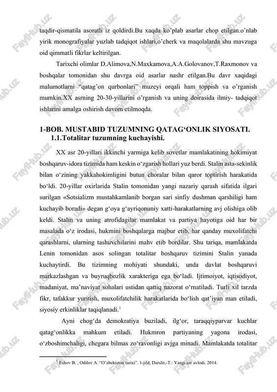 a ko‘rinmas ming xil qizil iplar bilan o‘zbekistonni o‘z domiga kiritib, uning amaldagi rasmiy mustaqilligini ham yo‘qqa chiqargan edi. uning mahalliy rahbariyati respublikaning iqtisodiy, xo‘jalik, madaniy-ma’naviy hayotiga oid biror bir masala, muammoni mustaqil tarzda hal etishga haqli, huquqli emas edi. 20- yillarning oxiridan boshlab mamlakat va respublikada tarkib topib kelayotgan totalitar jamiyatga xos xususiyatlar tobora oshkora namoyon bola boshladi. muhim qarorlarning hammasi tor partiya doirasida qabul qilinar va butun mamlakat uchun majburiy boʻlib qolardi. demokratiyani bogʻish, haq-huquqlarning, qonunchiliklarning ommaviy ravishda buzilishiga olib keldi. natijada milliy madaniyatni qayta tiklash, xalq turmushini yaxshilashga e'tibor qaratmoqchi boʻlgan rahbar xodimlar akmal ikromov, turar risqulov, fayzulla xoʻjaev, nazir toraqulov va boshqa arboblar millatchilikda ayblandi. ijtimoiy-iqtisodiy rivojlanishning muqobil yollarini amalga oshirishga uringan kishilar guruhbozlikka qarshi kurash shiori ostida tazyiqqa uchradi. keyinchalik “inogʻomovchilik”, “oʻn sakkizlar guruhi”, “qosimovchilik” deb nom olgan ishlar oʻsha paytlarda toʻqilgan edi. “on sakkizlar guruhi” bolsheviklar tomonidan boy-quloq deb nomlangan oziga toq xoʻjaliklarning yer-suv …
