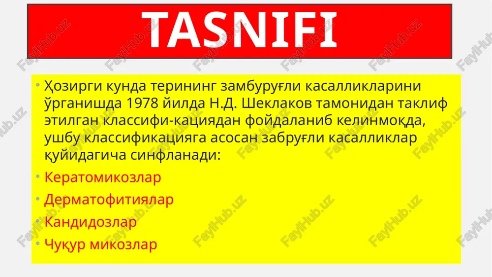 yon yuzalariga ham o'tadi. oyoq panjasining kasallanishi ko'pincha qichishish bilan kechadi. silliq teri rubromikozi tovon rubromikozi trixofitiya kupincha boshning sochli kismi, teri va tirnokdar za­rarlanadi.silliq teri yuzaki trixofitiya kasalligining belgilarini teri sohalarining, asosan yuz, bo'yin, tana, elka va tananing boshqa istalgan erlarida kuzatish mumkin. dastlab terida chetlari sal ko'tarilgan, och qizil rangli, dumaloq, yallig'langan dog'li o'choqlar paydo bo'ladi. dog'li o'choqlar chetlari aniq, teri sathidan biroz ko'tarilgan bo'lib, markazi biroz yassi, qipiqlar bilan qoplangan ko'rinishda bo'ladi silliq terining yuzaki trixofitiyasi boshning sochli qismidagi surunkali trixofitiyalar favus kasallikda asosan boshning sochli qismi, silliq teri sohalari va tirnoqlar zararlanadi. boshning sochli k,ismidagi favusning klinik manzarasi uziga xos bulib, favus kalkonchalari yoki skutulalari va undan keyin krlgan chandikdar (atrofiyalangan joylar) xamda zararlangan sochlar buladi.favusni uchta klinik shakllari tafovut kilinadi: skutulali, impetiginoz va skvamoz. favus kupincha favusning atipik xili kuzatiladi. favusning impetiginoz xilida sochlar bir—biriga yopishib kolib, impetigoli korakutir bilan koplanadi (133-ras.m). korakutir olib tashlangandan …