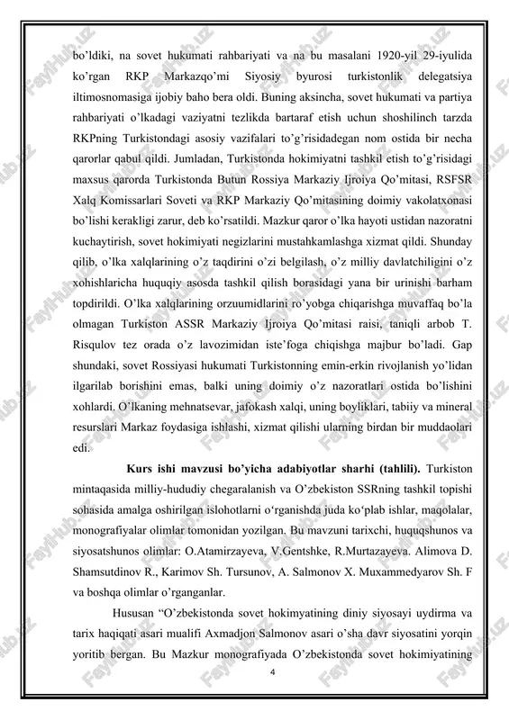 ib asar 1917-yildan 1991-yilgacha o’zbekistonda bo’lib o’tagan voqealarni bayon etgan. bu kitob 2000 yil “sharq” nashriyotida toshkentda chop etilgan. asar yaqin o’tmishimiz sobiq sovet hokimyati davri mamlakatimizda yuz bergan voqealarni yoritib bergan. bu davr tarixi garchi qisqa bo’lasa ham lekin o’zining murakkabligi va zidiyatligi bilan ajralib turadi.1917-yil oktabr oyida bolsheviklar hokimyatga kelishi bilan o’zbekiston tarixida ham yangi mustamlakachilik davri boshlandi.bu davr sal kam 75-yil davom etgan bo’lgan bo’lsa ham tariximizda chuqur iz qoldirgandir[footnoteref:3].chor rossiyasi hukumati ag’darilgandan so’ng hokimyatga “qizil armiya” kelgan va o’zining davlat tuzumuni o’rnatgan.bu siyosati malum o’zgarishlar bilan 1991-yilgacha mustamlakachiligi siyosatini amalga oshirgan. bu kitob esa shu davrni dolzarb tarixini bayon etgan. [3: .m.jo’rayev,r.azamxo’jayev,d.alimova,n.karimov,b.qoshanov,q.oqilov,z.orifxonova,l.teteneva,sh.turdiyev.,nurullin,s.kamalov,r.rajapova,a.galovanov,q.rajabov,a.mavrullov,r.abdullayev o’zbekistonda sovet mustamlakachiligi davrida toshkent sharq 2000-yil 178-bet] yana bir asarimizdan biri “mustabid tuzumning o’zbekiston milliy boyliklarini talash siyosati tarix shoxidligi va saboqlari” asari bo’lib bu asar 1985-yildan 1990-yilgacha bo’lgan mustabid tuzumning o’zbekiston milliy boyliklarini talash siyosati siyosiy voqealarni bayon etgan. loyiha rahbari va …