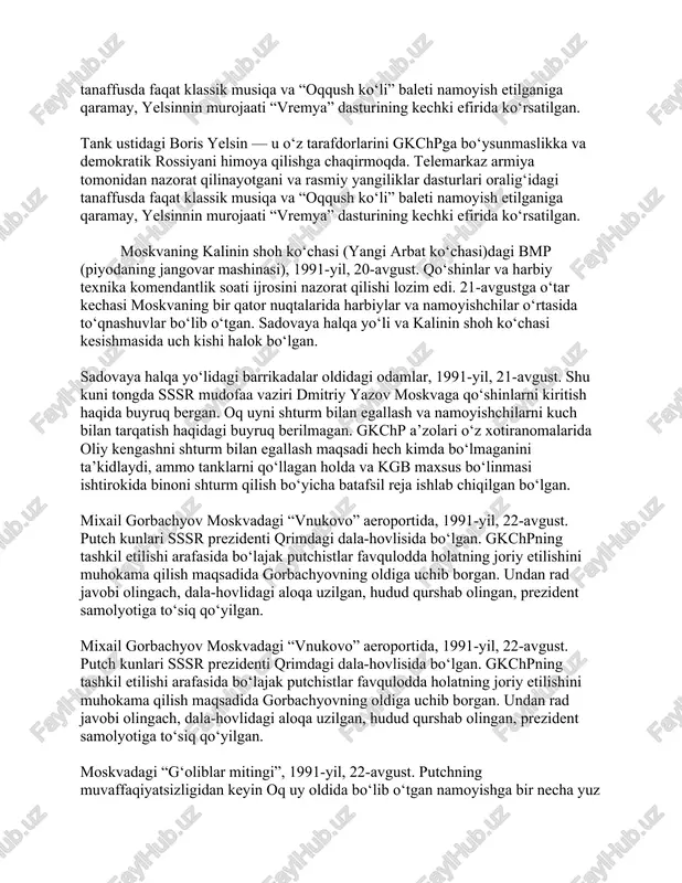 zkorlikdan qaytargan. moskvada feliks dzerjinskiy sharafiga o‘rnatilgan haykalning olib tashlanishi, 1991-yil, 22-avgust. gkchpning mag‘lubiyatdan so‘ng sssr davlat xavfsizlik qo‘mitasi (kgb) binosi oldida katta olomon to‘plangan. ko‘plab guvohliklarga ko‘ra, kgbdagilar olomonning binoga bostirib kirishidan xavotirlangan, biroq rsfsr oliy kengashi deputatlari qon to‘kilishining oldini olish maqsadida namoyishchilarni tajovuzkorlikdan qaytargan. moskva markazida harbiylar bilan to‘qnashuvlar vaqtida halok bo‘lgan namoyishchilarning dafn marosimi, 1991-yil, 24-avgust. 37 yoshli vladimir usov, 28 yoshli ilya krichevskiy va 22 yoshli dmitriy komar o‘limidan so‘ng sovet ittifoqi qahramoni unvoni bilan taqdirlangan. 1.1. sssrning parchalanishi sssrning parchalanishi - mamlakatning ijtimoiy tuzilishida, xalq xo'jaligida, ijtimoiy-siyosiy va davlat tuzilishida sodir bo'lgan tizimli parchalanish jarayonlari tufayli sovet sotsialistik respublikalari ittifoqining mavjudligini to'xtatish. parchalanish jarayoni 1980-yillarning ikkinchi yarmida, qayta qurish davrida, kpss markaziy komiteti bosh kotibi (1985-1991) m. from. gorbachev iqtisodiyotni jadallashtirish, davlat va ijtimoiy-siyosiy faoliyatni ochiqlik va demokratlashtirishga qaratilgan islohotlarni boshladi.sssr parchalanishining asosiy belgilari va ko'rinishlaridan biri ittifoq respublikalarining ittifoq markazidan ko'proq davlat va …