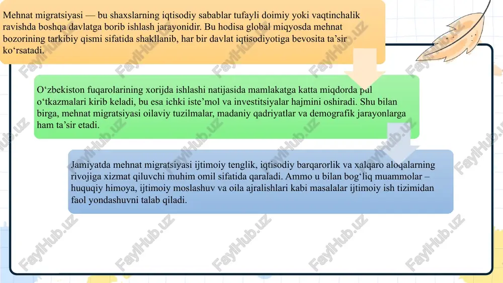 ar yordamida mehnat muhojirlarini yagona elektron reyestr orqali hisobga olish zarur. bunday axborot tizimi fuqarolarning qayerda ishlayotganini, ularning huquqiy holatini va ehtiyojlarini aniqlash imkonini beradi. reyestr orqali davlat organlari, elchixonalar hamda ijtimoiy xizmat ko‘rsatuvchi muassasalar o‘zaro tezkor hamkorlikni yo‘lga qo‘yishi mumkin. bu tizim mehnat muhojirlariga elektron xizmatlardan – masalan, hujjatlarni rasmiylashtirish, ijtimoiy sug‘urta, maslahat olish kabi xizmatlardan onlayn foydalanish imkonini yaratadi. axborot tizimlari orqali shaffoflikni oshirish va muhojirlar bilan aloqani kuchaytirish ularni qo‘llab-quvvatlashning zamonaviy usulidir. o‘zbekistonda mehnat muhojirlariga ijtimoiy xizmat ko‘rsatishning innovatsion modellarini joriy etish mehnat muhojirlariga ijtimoiy xizmat ko‘rsatishda innovatsion yondashuvlar zamon talabi hisoblanadi. masalan, “raqamli ijtimoiy platformalar” orqali masofaviy maslahat, onlayn psixologik yordam va huquqiy axborot xizmatlarini yo‘lga qo‘yish samarali natijalar beradi. shuningdek, “bir darcha” tamoyiliga asoslangan xizmat markazlari tashkil etilishi muhojirlar uchun qulaylik yaratadi. innovatsion yondashuvlar ijtimoiy ish jarayonlarini tezlashtirib, muhojirlarning davlat bilan aloqasini mustahkamlaydi. bu orqali ularning huquqlari kafolatlanadi, qaytgan fuqarolarning moslashuvi osonlashadi va ijtimoiy tizimning …