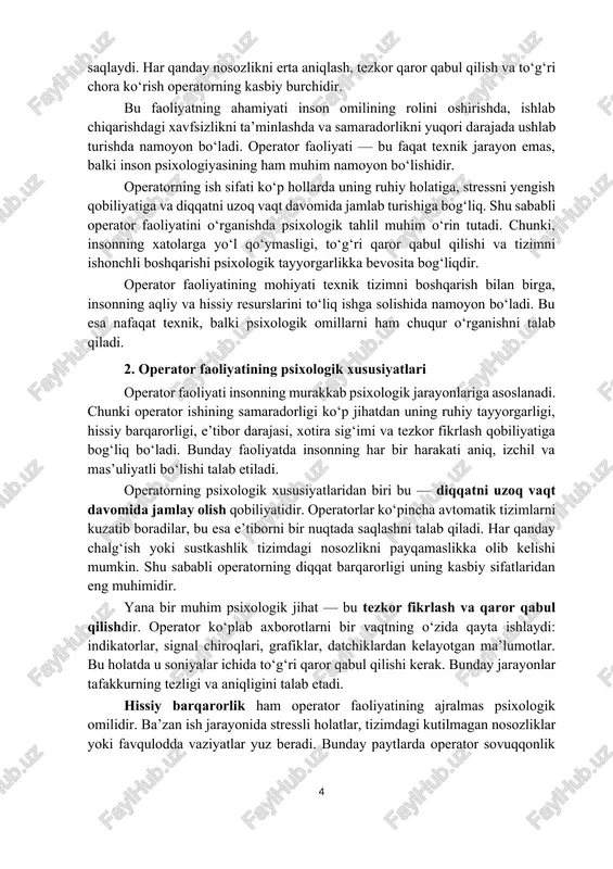 liklarini yodda saqlashi kerak. xotiraning kuchli bo‘lishi operatorning harakatlarini aniq va tez bajarishiga yordam beradi. shuningdek, psixomotor malakalar — ya’ni qo‘l harakatlari bilan aqliy faoliyatning muvofiqligi ham muhimdir. operator turli pultlar, dastgohlar, tugmalar bilan ishlaydi, shu bois koordinatsiya va refleks tezligi yuqori bo‘lishi lozim. umuman olganda, operator faoliyatining psixologik xususiyatlari insonning diqqat, tafakkur, xotira, hissiyot va motorika kabi asosiy psixik jarayonlari uyg‘un ishlashiga tayanadi. bu uyg‘unlik operatorning samarali faoliyat yuritishiga, xatolarni kamaytirishga va tizimning xavfsiz ishlashini ta’minlashga xizmat qiladi. shu bois operatorlarni tanlashda va ularni kasbiy tayyorlashda psixologik diagnostika, stressga bardoshlilik testlari hamda e’tibor barqarorligini baholash muhim o‘rin tutadi. operator faoliyatining psixologik xususiyatlarini yanada chuqurroq tahlil qiladigan bo‘lsak, bu faoliyat insonning aqliy, hissiy va jismoniy imkoniyatlarini bir butun tizim sifatida ishlatishni talab qiladi. operator doimo o‘z ish joyida yuqori darajadagi javobgarlik hissi bilan faoliyat yuritadi. chunki uning qarorlari texnik tizimlar ishiga, ba’zida esa insonlar xavfsizligiga ham ta’sir qiladi. shu sababli …