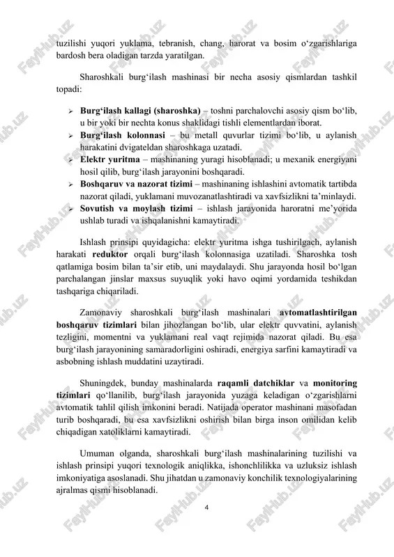 b turadi. ular uch fazali tarmoqdan quvvat oladi va burg‘ilash jarayonida barqaror moment hosil qiladi. shu bilan birga, bunday yuritmalarning muhim afzalligi ularning yuqori quvvatni uzoq vaqt davomida ushlab turish imkoniyatiga ega ekanligidir. asinxron motorlar xizmat muddati uzun bo‘lib, ular og‘ir sanoat sharoitlarida ham samarali ishlay oladi. ammo an’anaviy asinxron yuritmalarda aylanish tezligini o‘zgartirish imkoniyati cheklangan. shu sababli so‘nggi yillarda sharoshkali burg‘ilash mashinalarida chastota o‘zgartirgich (inverter) orqali boshqariladigan asinxron yuritmalar keng qo‘llanilmoqda. bu texnologiya elektr dvigatelga uzatilayotgan kuchlanish va chastotani elektron tarzda boshqarish imkonini beradi. natijada operator burg‘ilash tezligini, momentni va yo‘nalishni aniq va silliq tarzda boshqara oladi. chastota bilan boshqariladigan elektr yuritmalar energiyani tejamkor ishlatadi, yuklama o‘zgarishlarini avtomatik tarzda nazorat qiladi, ishga tushish paytida ortiqcha tok yuklamasini kamaytiradi va mexanik qismlarning yeyilishini sezilarli darajada kamaytiradi. bundan tashqari, bunday tizimlar turli datchiklar, himoya mexanizmlari va avtomatik boshqaruv modullari bilan jihozlanadi. bu esa nafaqat burg‘ilash jarayonini barqarorlashtiradi, balki xavfsizlik darajasini ham …