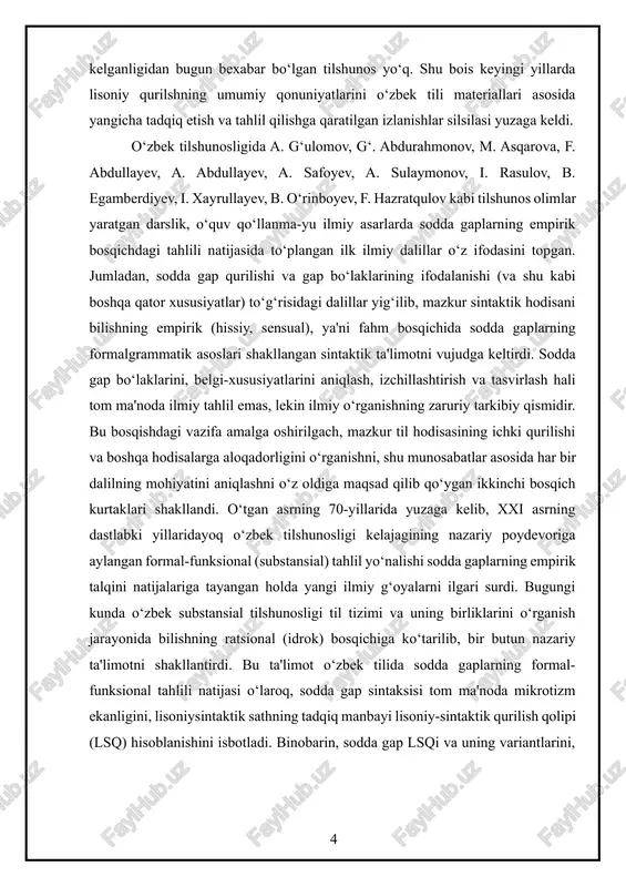 ri belgilangan bo‘lsa ham, sodda gaplarning qurilish qoliplari paradigmalari ajratilmagan. shu bilan birga, kesimlik shakllarining sodda gaplarning lisoniy-sintaktik qurilishiga ta'siri va sodda gap qurilish qoliplarini belgilashi masalasi alohida tadqiq etilmagan. sodda gap sintaksisini formal-funksional nuqtayi nazardan talqin etgan ilmiy, o‘quv-usuliy adabiyotlarda sodda gaplarning lisoniy qurilishi, ularning eng kichik qurilish qolipi to‘g‘risida ma'lumot berilgan bo‘lsa ham, sodda gaplarning lisoniy qurilishini tizim qonuniyati asosida tadqiq etish zaruratini tug‘diradi. bu esa sodda gap umumiy lisoniy-sintaktik qurilish qolipi va variantlarini ushbu qolip umumiy va xususiy shakllarini belgilashda kesimlik kategoriyasi shakllarining vazifasini, ayni choqda, sodda gap lisoniy-sintaktik qurilishiga kesimlik shakllarining ta'sirini tahlil etish orqali o‘rganish imkoniyatini beradi. shunday ekan, mazkur masalani tadqiq etish zarurati va mavjud imkoniyat malakaviybitiruv ishining shakllanishi uchun yetarlicha asos bo‘la oladi. mavzuning vazifalari: · kesimlik shakllari tizimi va uni tashkil etuvchi grammatik shakllarning sintaktik mohiyatini aniqlashtirish; · kesimlik shakllariga xos valentlik xususiyatlarini izohlash va uning sodda gap qurilishini belgilashdagi vazifasini ko‘rsatish; …