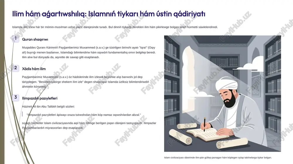 dillik, ilim hám adamgershilik haqqındaǵı miyrası jas áwladqa úzliksiz jetkerilmekte. bul jaslardıń ruwxıy immunitetin arttırıwda úlken áhmietke ie. 7 zamanagóy jámiyette islam aǵartıwshılıǵı islam aǵartıwshılıǵı búgingi dáwirde ilim jetiskenlikleri hám ruwxıy qádiriyatlardı úylestiriw arqalı jámiettiń rawajlanıwına úles qospaqta. ilim hám mánawiyat sáykesligi islam ilimpazları (al-xorezmiy, ibn sino, beruniy) orta ásirlerde ilim tarawında fundamental ashılıwlar etip, jáhán civilizaciyasına úlken úles qosqan. bul tariyxıy miyras búgin de jaslarǵa ilimiy izleniwge iytermeleytuǵın kúsh bolıp xızmet etedi, sebebi islam ilimge hesh qashan shek qoymagan. bilimlendiriw sisteması házirgi kúnde ózbekstanda islam akademiyası, diniy oqıw orınları hám ilimiy oraylardıń jumısı kúsheytilgen bolıp, olar diniy hám dúnyalıq bilimlerdi úylestirip oqıtıwǵa itibar qaratpaqta. diniy qánigelerdiń mamanlıǵın arttırıw hám xalıqtıń diniy sawatlılıǵın joqarılatıwǵa qaratılǵan "úzliksiz kásiplik bilimlendiriw" platforması sıyaqlı joybarlar ámelge asırılmaqta. 8 islam hám sociallıq turaqlılıqtı bekkemlew diniy táliymat hám sufizm mektepleri jámiyette ádillik, tınıshlıq hám tatıwlıqtı bekkemlewde sheshiwshi rol oynaydı. ádillik hám tınıshlıq sufizm táliymatları insandı ózin-ózi …