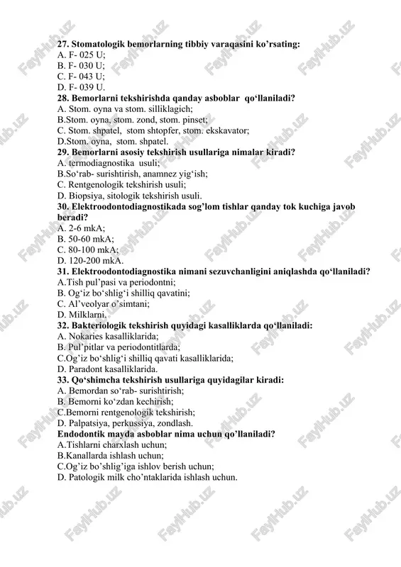 shib ketishi qanday kasallikni keltirib chiqaradi? a. gipoplaziya; b.flyuoroz; c. giperplaziya; d. tish eroziyasi. 37. katta yoshdagilar sutka davomida ichimlik suvi bilan qancha ftor qabul qilishi kerak? a. 2,2-2,5mg; b. 2,6-3,3 mg; c.1,2-2 mg; d. 1,5-4 mg. 38. gipoplaziya bu… a.tish qattiq to‘qimasining shikastlanishi; b.tish qattiq to‘qimasining demineralizatsiyasi; c.tish qattiq to‘qimasining irsiy kasalligi; d.tish qattiq to‘qimasining tish chiqqandan keyingi nokaries kasalligi. 39. karies tabiatiga ega bo‘lmagan kasalliklarga kiradi: a.ponasimon nuqson; b. tugallanmagan amelogenez; c. tugallanmagan dentinogenez; d. kapdepon displaziyasi. 40. blek tasnifi bo’yicha nechta sinf mavjud? a. 2 ta; b. 4 ta; c. 5 ta; d. 6 ta. 41. tish kariesi deb nimaga aytiladi? a. emalning yaltiroqligi va tiniqligini yo‘qolishi; b.tish qattiq to‘qimasi demineralizatsiyasi; c. tish qattiq to‘qimasi sezuvchanligini oshishi; d. modda almashinuvining buzilishi. 42. topografik va klinik xususiyatlariga ko‘ra karies tasnifi: a. fissur karies, aproksimal karies, bo‘yin oldi kariesi, sirkulyar karies; b. emal kariesi, dentin kariesi, sement kariesi; c.kariesni …