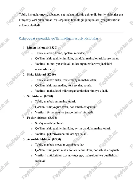 lotasi go‘sht, non, ichimliklar e300 amaliy misollar · gazli ichimliklarda limon kislotasi qo‘llaniladi, bu ichimlikka yoqimli nordon ta’m beradi. · marinadlarda sirko kislotasi ishlatiladi, u mahsulotning uzoq muddat saqlanishini ta’minlaydi. · yogurt va kefir ishlab chiqarishda sut kislotasi fermentatsiya jarayonida muhim ahamiyatga ega. · non ishlab chiqarishda askorbin kislotasi xamirning ko‘tarilishini yaxshilaydi. diagramma – kislotalarning asosiy qo‘llanish sohasi (%) · 40% – gazli ichimliklar va sharbatlar · 25% – qandolat mahsulotlari · 20% – konservalar va marinadlar · 15% – sut va non mahsulotlari inson salomatligiga ta’siri kislotalar ma’lum me’yorlarda xavfsiz hisoblanadi. ularning ayrimlari inson organizmi uchun foydali: masalan, askorbin kislotasi (c vitamini) immunitetni mustahkamlaydi. ammo haddan ortiq iste’mol qilinganda kislotalar me’da shirasini ko‘paytirishi, allergik reaksiyalar chaqirishi mumkin. shu sababli jsst kislotalarning qo‘llanilishi bo‘yicha qat’iy me’yorlar belgilagan. xulosa kislotalar oziq-ovqat sanoatida nafaqat ta’mni yaxshilash, balki mahsulotni xavfsiz saqlashda ham muhim ahamiyatga ega. ularning turli turlari texnologik jarayonlarni samarali olib borishda …