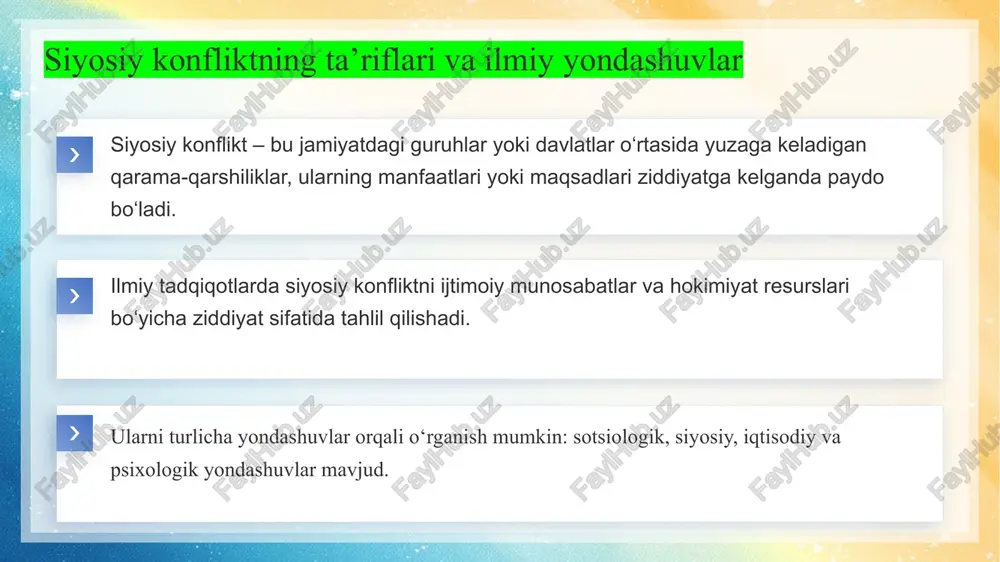 likni rivojlantirish, hamda samarali kommunikatsiya tizimini yaratish zarur. barqaror siyosiy muhitni shakllantirish orqali jamiyatdagi ziddiyatlar kamayadi va tinchlikni mustahkamlash mumkin. e’tiboringiz uchun rahmat image1.jpeg image2.png image3.png image4.png image5.jpeg image6.jpeg image7.png /docprops/thumbnail.jpeg