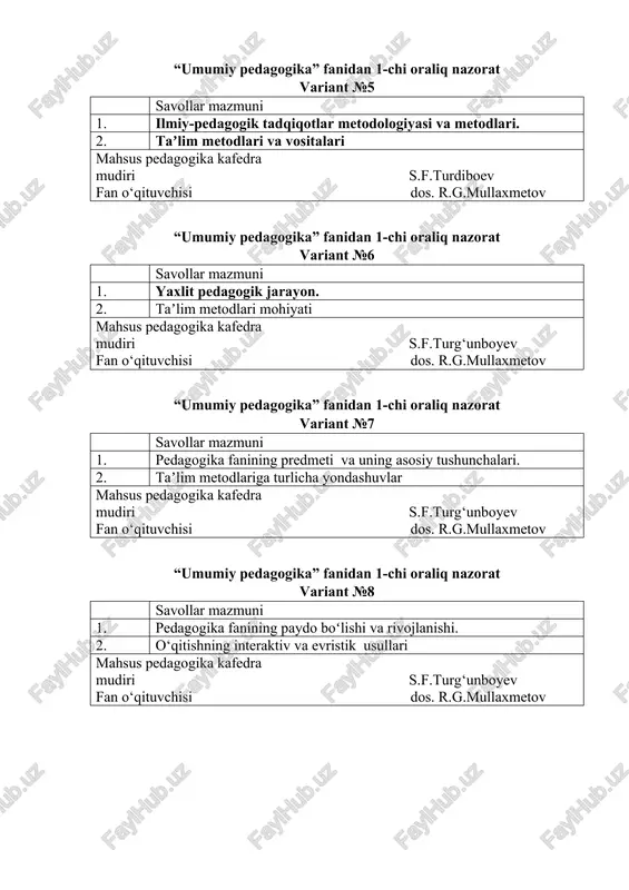 2. dars- taʼlimni tashkil etishning asosiy shakli mahsus pedagogika kafedra mudiri s.f.turg‘unboyev fan o‘qituvchisi dos. r.g.mullaxmetov “umumiy pedagogika” fanidan 1-chi oraliq nazorat variant №14 savollar mazmuni 1. shaxs rivojlanishining ijtimoiylashuv bilan aloqadorligi. 2. darsning turlari va tuzilishi mahsus pedagogika kafedra mudiri s.f.turg‘unboyev fan o‘qituvchisi dos. r.g.mullaxmetov “umumiy pedagogika” fanidan 1-chi oraliq nazorat variant №15 savollar mazmuni 1. shaxs rivojlanishida irsiyat, muhit va tarbiyaning tutgan oʻrni. 2. nostandart darslar. mahsus pedagogika kafedra mudiri s.f.turg‘unboyev fan o‘qituvchisi dos. r.g.mullaxmetov “umumiy pedagogika” fanidan 1-chi oraliq nazorat variant №16 savollar mazmuni 1. shaxs rivojlanishining yosh va psixologik xususiyatlari 2. taʼlimni tashkil etishning yordamchi shakllari mahsus pedagogika kafedra mudiri s.f.turg‘unboyev fan o‘qituvchisi dos. r.g.mullaxmetov “umumiy pedagogika” fanidan 1-chi oraliq nazorat variant №17 savollar mazmuni 1. didaktika - pedagogik taʼlim nazariyasi 2. o‘qituvchining darsga tayyorgarligi. mahsus pedagogika kafedra mudiri s.f.turg‘unboyev fan o‘qituvchisi dos. r.g.mullaxmetov “umumiy pedagogika” fanidan 1-chi oraliq nazorat variant №18 savollar mazmuni 1. oʻqitish …