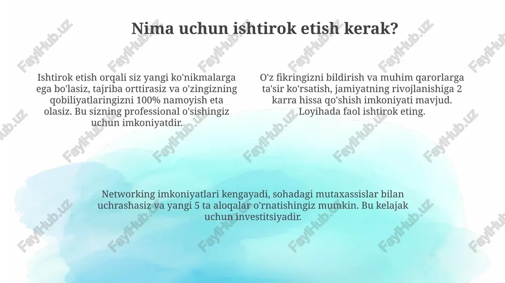 amlar 30 kun ichida qo'shimcha ma'lumotlar so'rashni o'z ichiga olishi mumkin, bu esa qaror qabul qilish jarayonini tezlashtirishga yordam beradi va aniqlikni ta'minlaydi. dastlabki bosqichda muvaffaqiyatli o'tgan ishtirokchilar to'liq taklif tayyorlashlari kerak, bu esa 20 sahifadan oshmasligi va barcha moliyaviy hisob-kitoblarni o'z ichiga olishi shart. 2-bosqichda takliflar 15 dekabrgacha baholanadi, unda ekspertlar guruhi baholash mezonlari asosida loyihalarning qiymatini, amalga oshirish imkoniyatini va ta'sirini ko'rib chiqadi. muammolarni hal qilish muammolarni hal qilish - bu 7 qadamli jarayon bo'lib, unda muammoni aniqlash, variantlarni baholash va 3 ta asosiy yechim usulini qo'llash kerak. muammolarni hal qilish strategiyasi 5 ta xususiyatni o'z ichiga oladi: mantiqiy fikrlash, ijodkorlik, tahlil, qaror qabul qilish va samarali kommunikatsiya 2 tomonlama aloqa orqali. muammolarni hal qilishda swot tahlili muhim, bu kuchli va zaif tomonlarni, imkoniyatlar va xavflarni baholashga yordam beradi hamda 4 ta asosiy natijani ko'rsatadi. o'zaro hamkorlik imkoniyatlari o'zaro hamkorlik imkoniyatlari energetika sohasida 20% gacha investitsiyalarni jalb qilish, …
