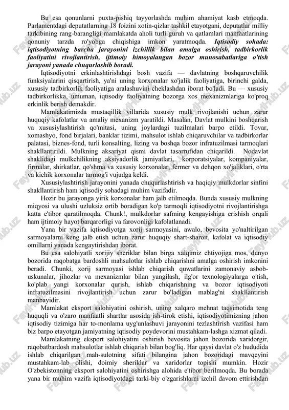 . mana shu demokratik jamiyatdagi bog'liqlikni oddiy fuqarodan tortib ma`sulxodimlargacha teran anglab, o'z faoliyatini ana shu asosda yuritishi maqsadga muvofiqdir. shu o'rinda ta'kidlash lozimki, demokratiya awalambor ma'naviy mezonlar asosida boshqariladigan, kuchli huquqiy davlat, kuchli fiiqarolik jamiyati demakdir. aytish mumkinki, huquqiy davlat va fiiqarolik jamiyati demokratiyaning o'zaro uzviy bog'liq bo'lgan ikki jihati, ikki qanotidir. jamiyat hayotida qonuniylik mezonlari to'liq joriy etib borilishi davlatning faoliyatida o'z aksini topishi va doimo mustahkamlanib borilishini taqozo etadi. aynan shu maqsadlarga mos holda o'zbekistonda islohotlarni muhim yo'nalishlari etib hokimiyatni bo'linish tamoyilini amalga oshirishni ta'minlash, jamiyatning siyosiy tizimida parlamentni rivojlantirish, sud hokimiyatining rolini oshirish kabi masalalar belgilab olingan. bu yo'lda jamiyatimiz hayotining barcha sohalarida «kuchli davlatdan — kuchli fuqarolik jamiyati sari>> g'oyasi asosida ijobiy natijalarga erishib kelinmoqda. prezidentimiz shu uchta yo'nalishdagi islohotlar yuzasidan 2007-yil avgust oyida qilgan «o'zbekistonning 16 yillik mustaqil taraqqiyot yo'li» nomli ma'ruzasida quyidagi fikrni bildiradi: «mamlakatimizda davlat va jamiyat qurih'shining asosiy tamoyillari aniq ifodalab …