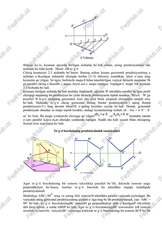 ri chiziqning frontal proektsiyasi a`b` ga perpendikulyar tushiramiz. 2.o`tkazilganperpendikulyar chiziq berilgan a`b` proektsiyasi bilan kesishib, k` nuqtani beradi. 3. k nuqtaning k` proektsiyasi a`b` kesmasiga tegishli bo`lgani uchun, k nuqtaning gorizontal proektsiyasi k ab kesmaning gorizontal proektsiyasida yotadi. 4.[dk] ning xaqiqiy kattaligini to`g`ri burchakli uchburchaklar usulidan foydalanib aniqlaymiz. nazorat savollari. 1. to`g`ri chiziqning izi nima? 2. qachon to’g’ri chiziq gorizantal, frantal va pro’fil izga ega bo’ladi? 3. qachon to’g’ri chiziq bitta yoki ikkita izga ega bo’ladi? 4. to`g`ri chiziq kesmasining xaqiqiy o`lchami va uning proektsiyalar tekisliklari bilan hosil qilgan burchaklarini qanday usul bilan aniqlanadi? 5. uchburchak usulidagi qatetlar haqida ma’lumot bering ? 6. umumiy vaziyatdagi to’g’ri nechta burchak hosil qiladi? 7. ,𝛽,𝛾 burchaklari haqida nimalarni bilasiz? image5.png image6.png image7.png image8.png image9.png image10.png image11.png image12.png image13.wmf oleobject1.bin image14.jpeg image15.jpeg image16.wmf oleobject2.bin image17.wmf oleobject3.bin image18.jpeg image19.jpeg image20.wmf oleobject4.bin image21.wmf oleobject5.bin image1.png image2.png image3.png image4.png [ ] [ ] [ ] [ ] …